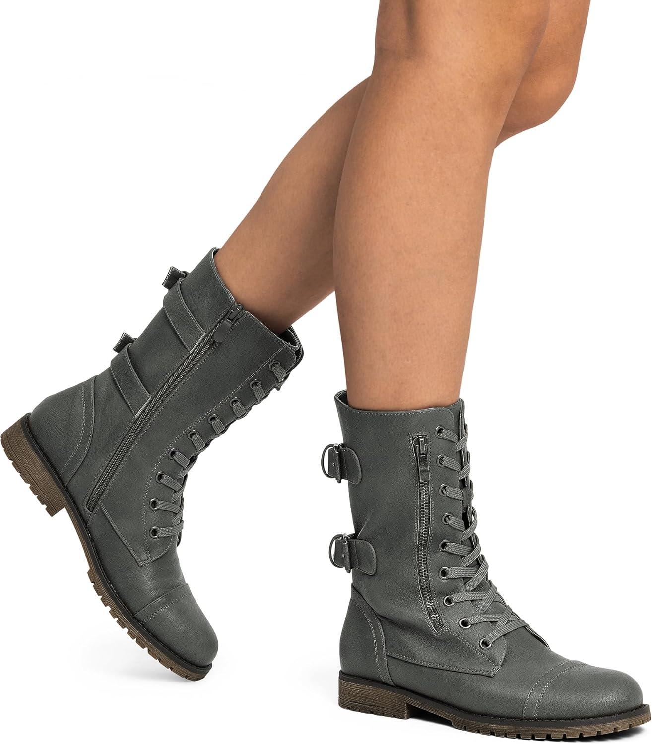 imageDREAM PAIRS Womens Mid Calf Builtin Wallet Pocket Lace up Military Combat BootsGreypu