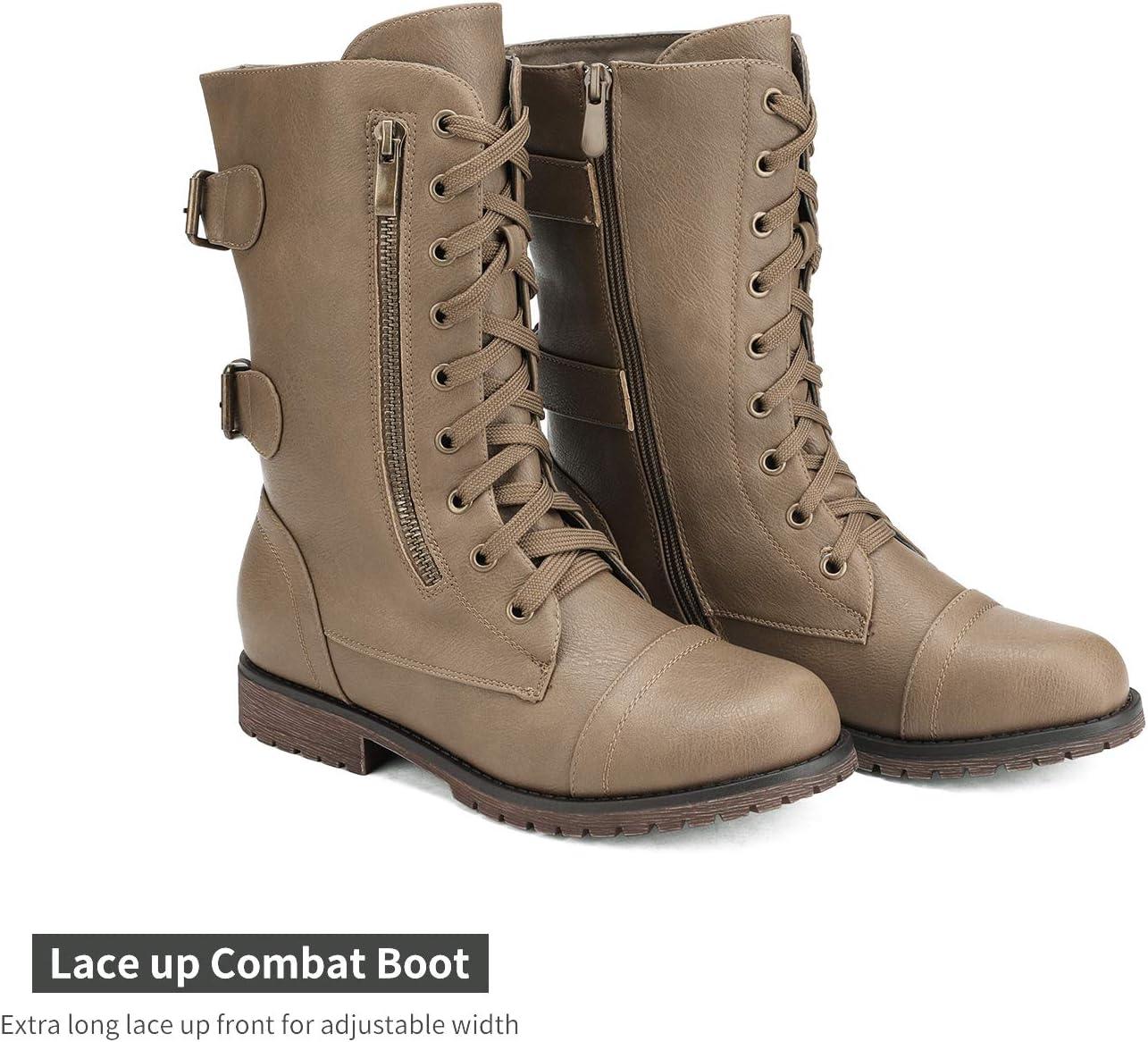 imageDREAM PAIRS Womens Mid Calf Builtin Wallet Pocket Lace up Military Combat BootsKhaki