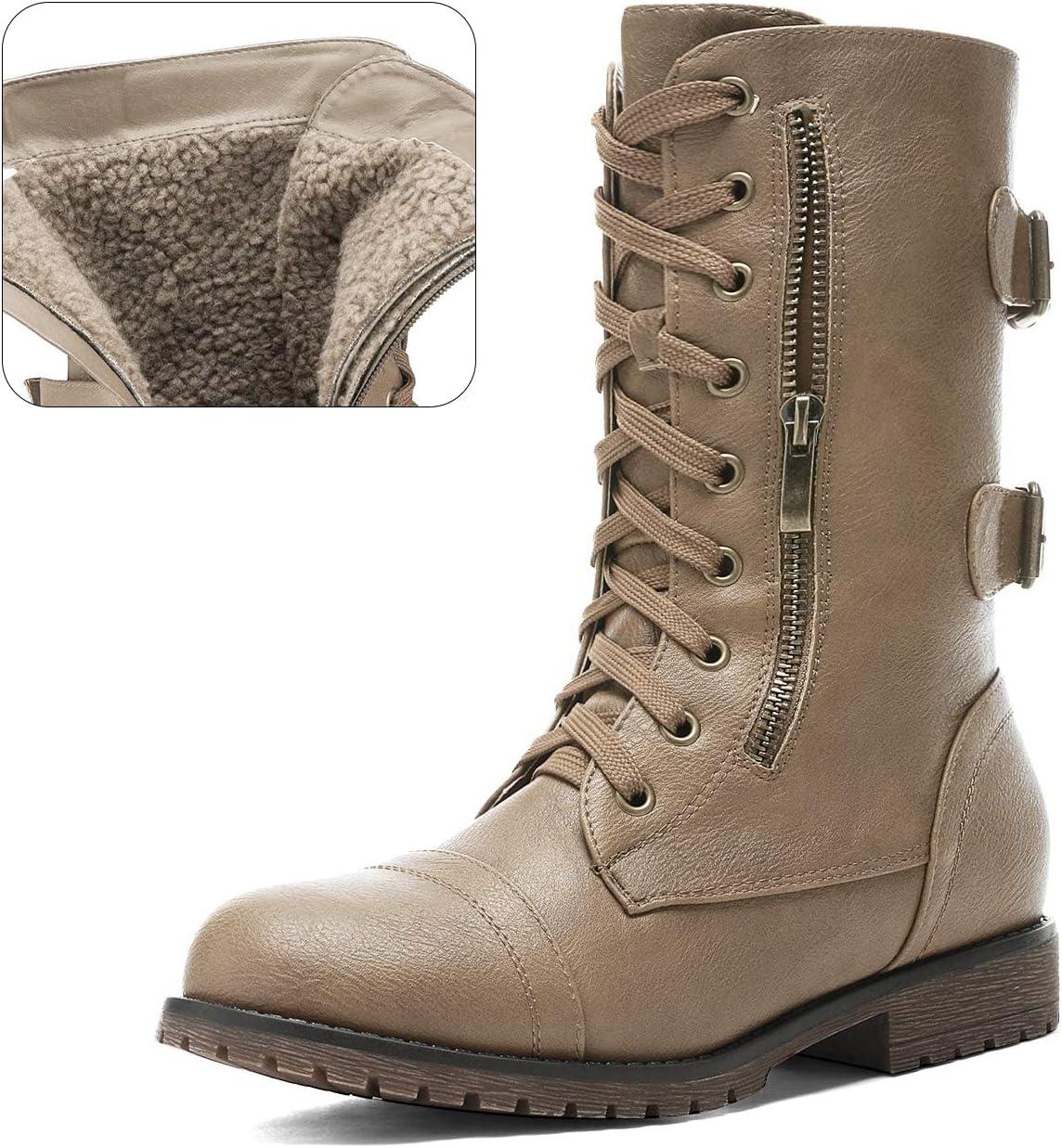 imageDREAM PAIRS Womens Mid Calf Builtin Wallet Pocket Lace up Military Combat BootsKhaki