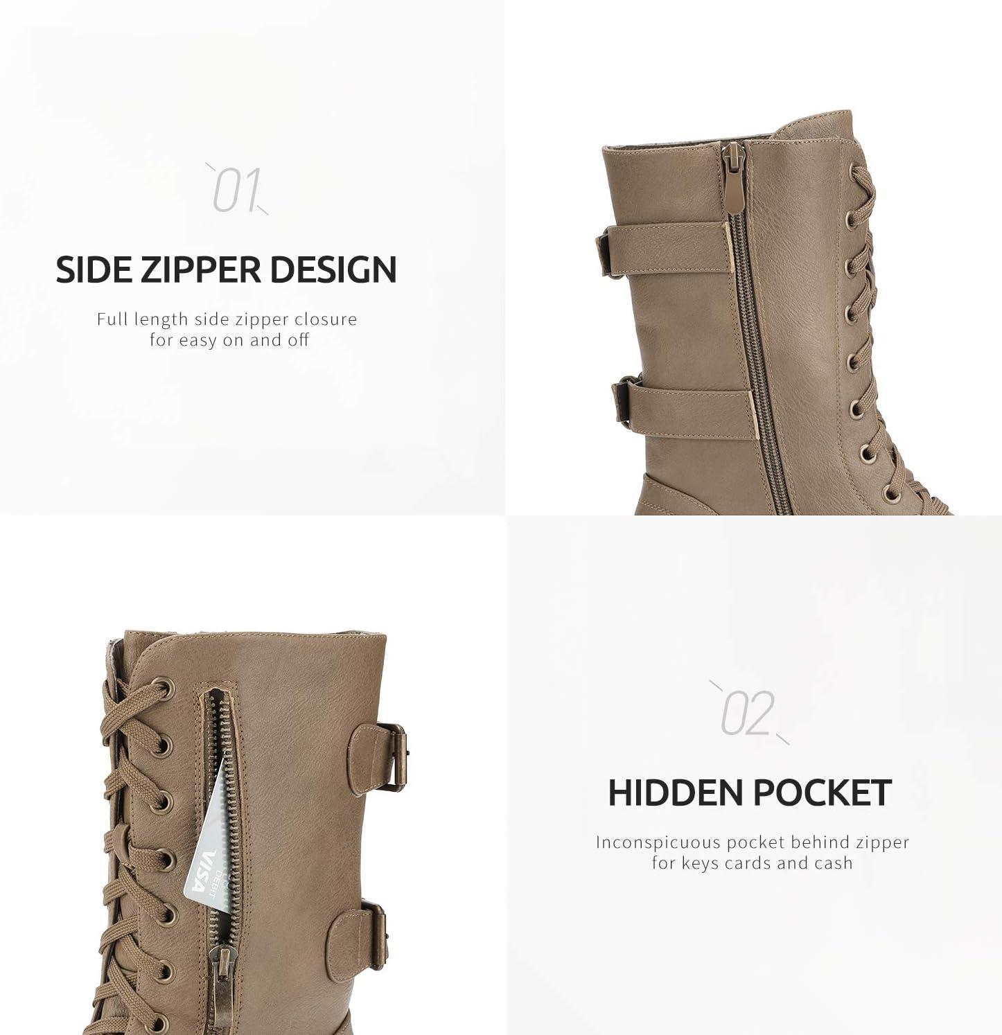 imageDREAM PAIRS Womens Mid Calf Builtin Wallet Pocket Lace up Military Combat BootsKhaki