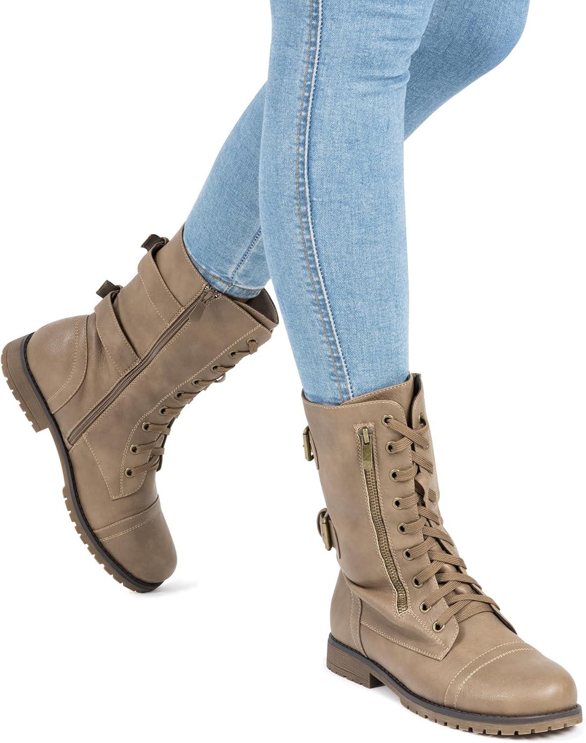 imageDREAM PAIRS Womens Mid Calf Builtin Wallet Pocket Lace up Military Combat BootsKhaki