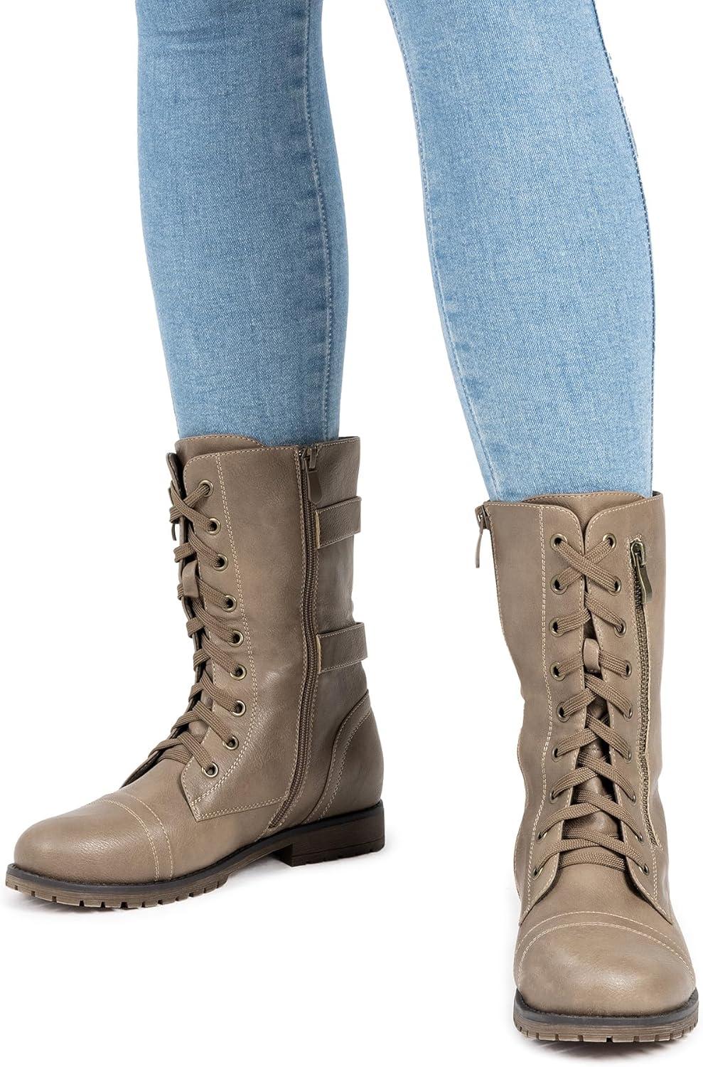 imageDREAM PAIRS Womens Mid Calf Builtin Wallet Pocket Lace up Military Combat BootsKhaki