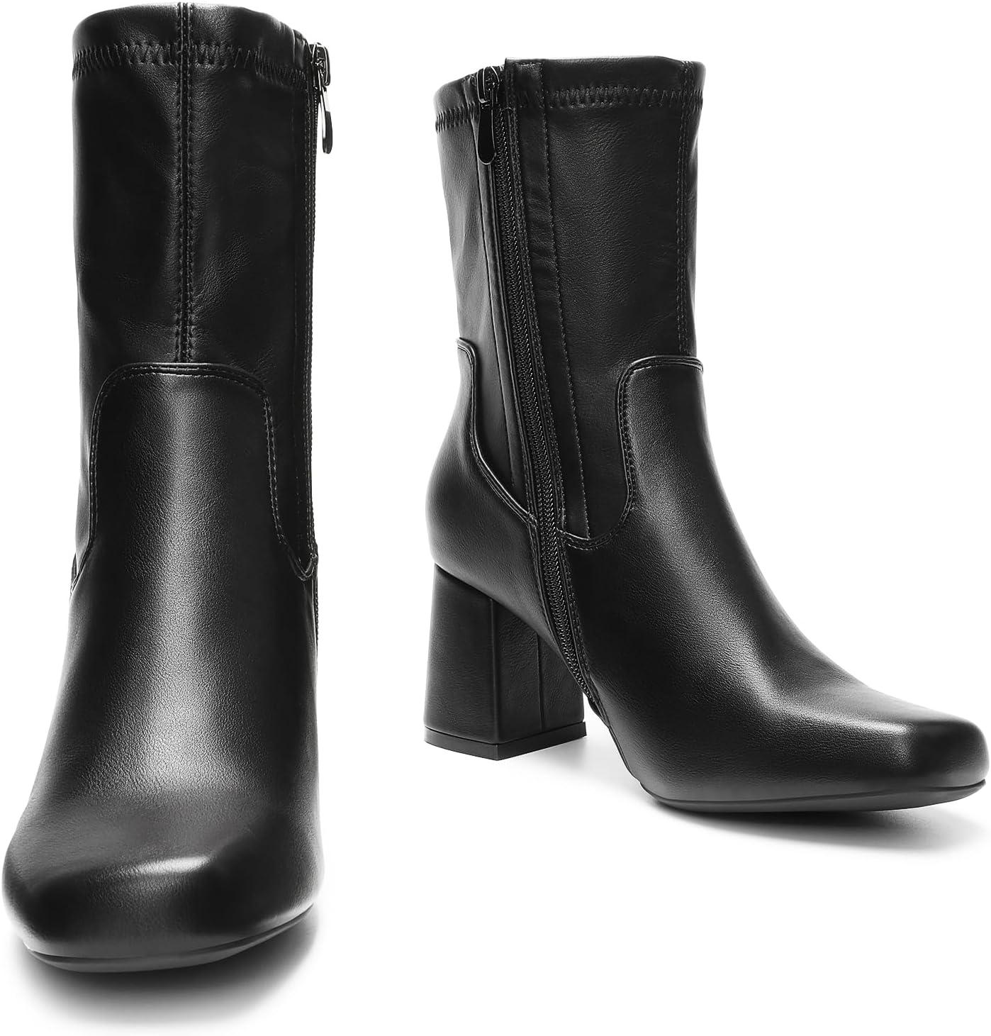 imageDREAM PAIRS Womens Mid Calf Gogo Boots Low Block Heel Square Toe Ankle Boot with Zipper for Party Cosplay DanceBlack