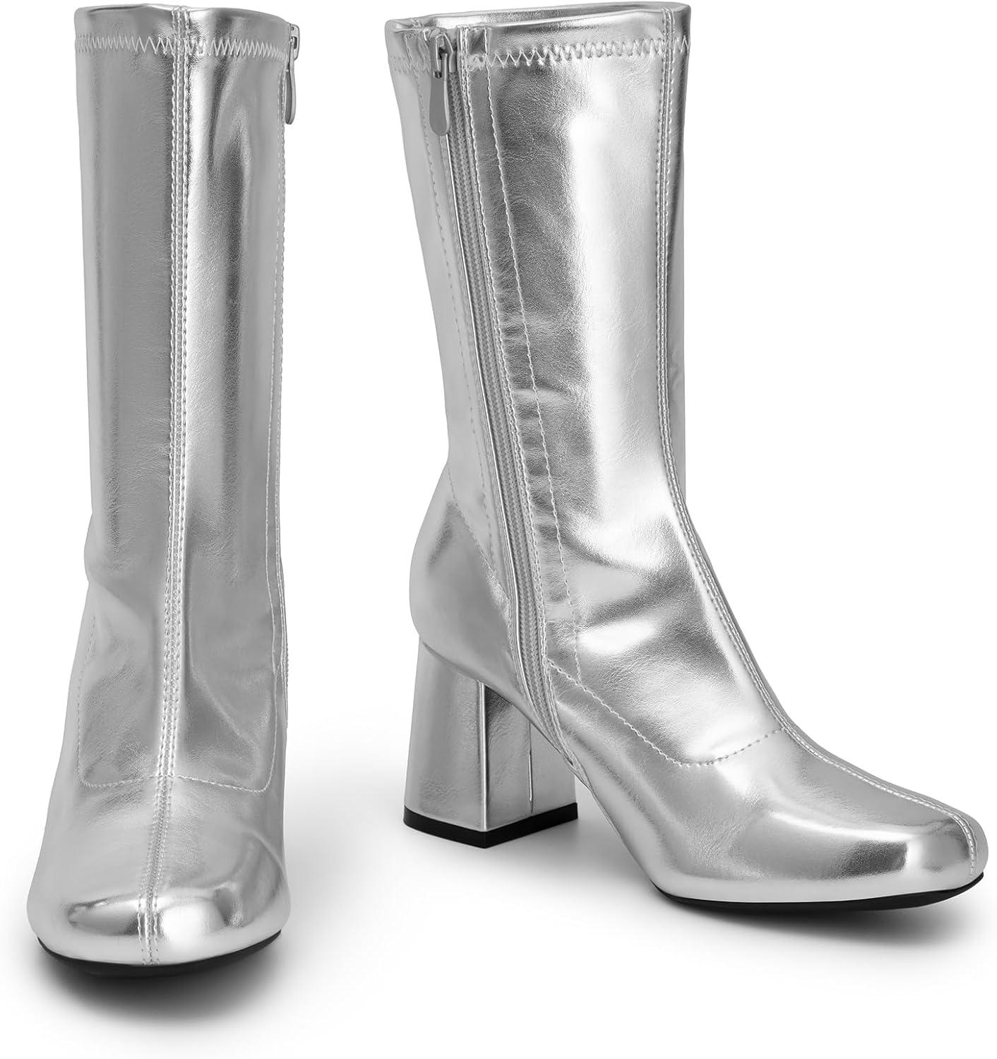 imageDREAM PAIRS Womens Mid Calf Gogo Boots Low Block Heel Square Toe Ankle Boot with Zipper for Party Cosplay DanceMetallic Silver