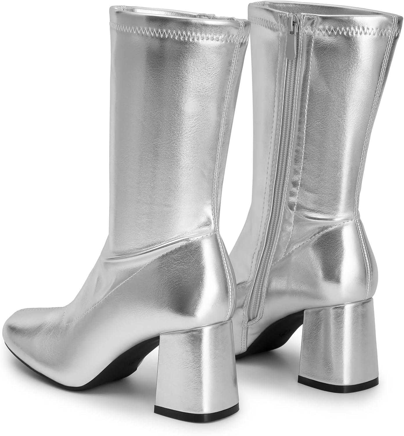imageDREAM PAIRS Womens Mid Calf Gogo Boots Low Block Heel Square Toe Ankle Boot with Zipper for Party Cosplay DanceMetallic Silver