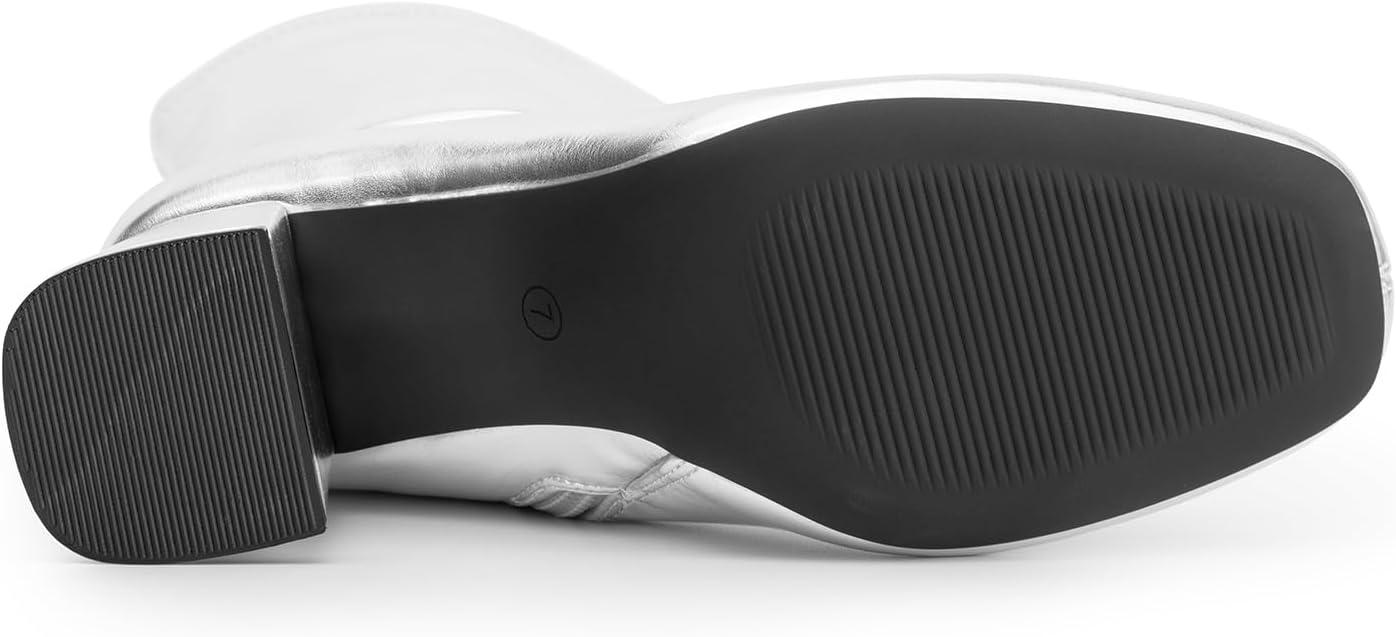 imageDREAM PAIRS Womens Mid Calf Gogo Boots Low Block Heel Square Toe Ankle Boot with Zipper for Party Cosplay DanceMetallic Silver