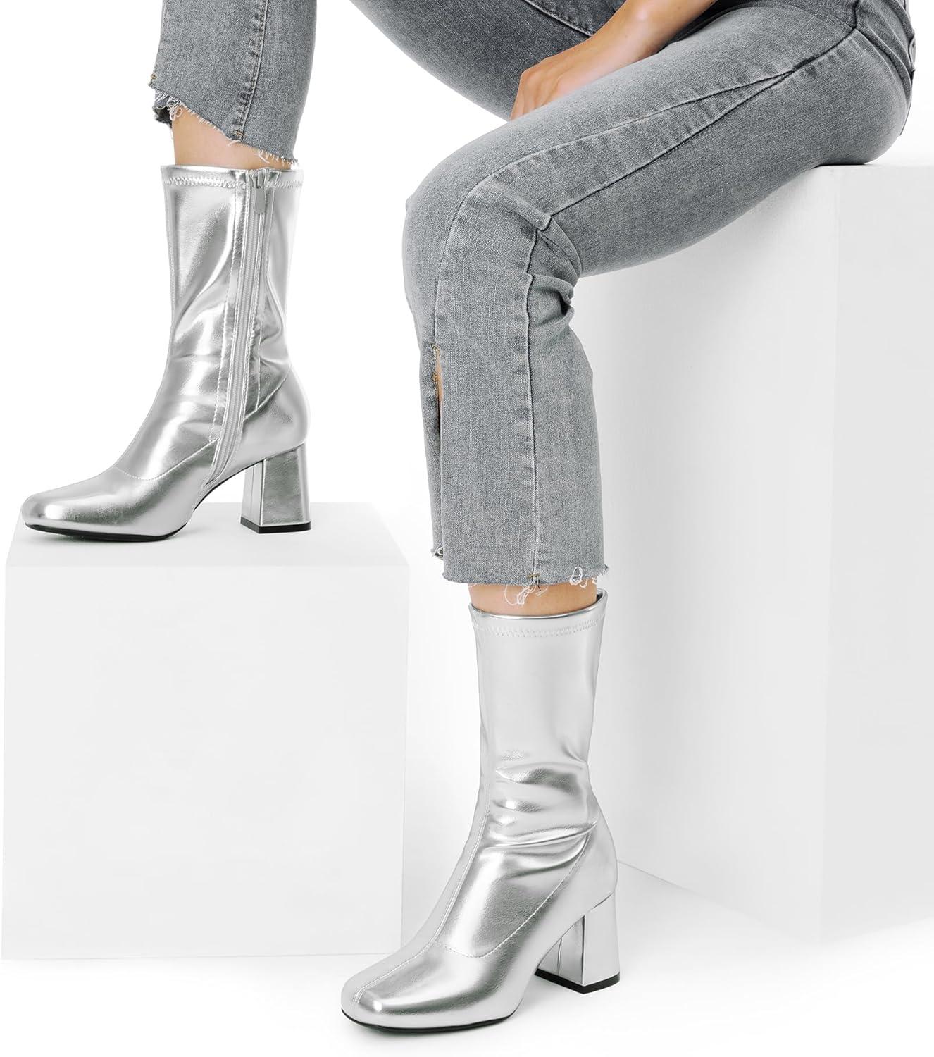 imageDREAM PAIRS Womens Mid Calf Gogo Boots Low Block Heel Square Toe Ankle Boot with Zipper for Party Cosplay DanceMetallic Silver