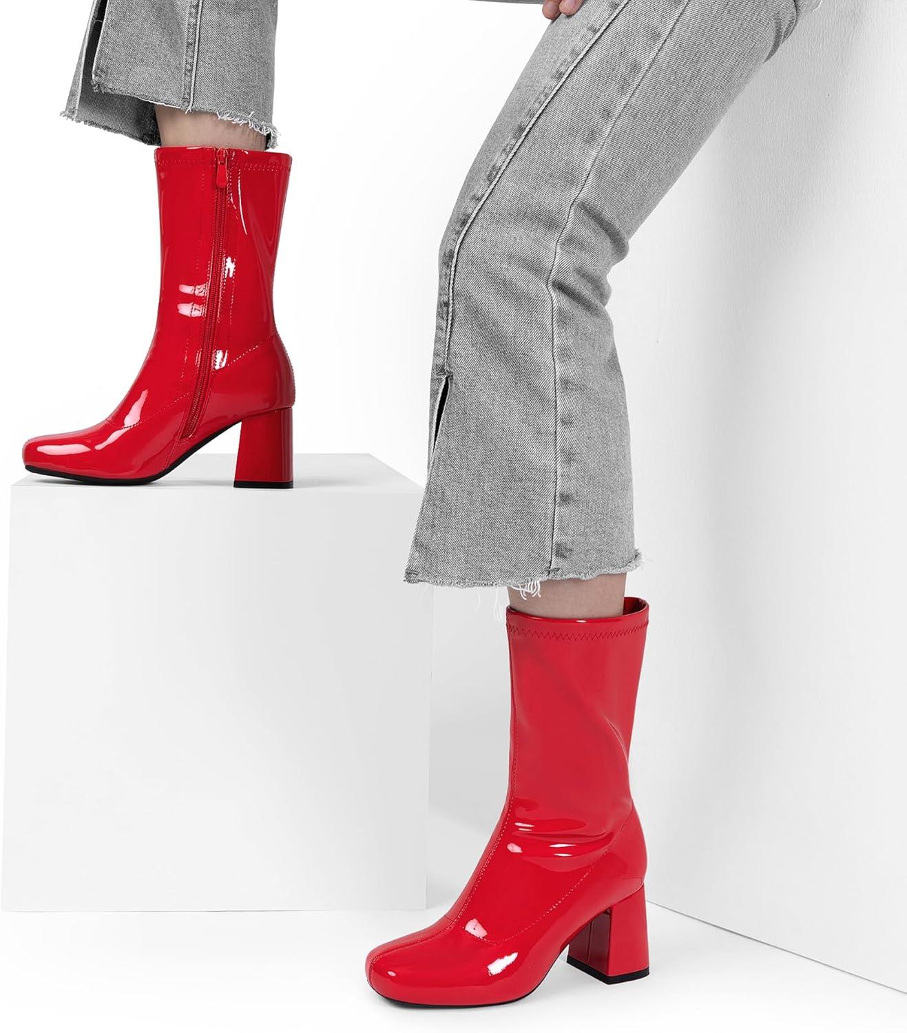 imageDREAM PAIRS Womens Mid Calf Gogo Boots Low Block Heel Square Toe Ankle Boot with Zipper for Party Cosplay DanceRed