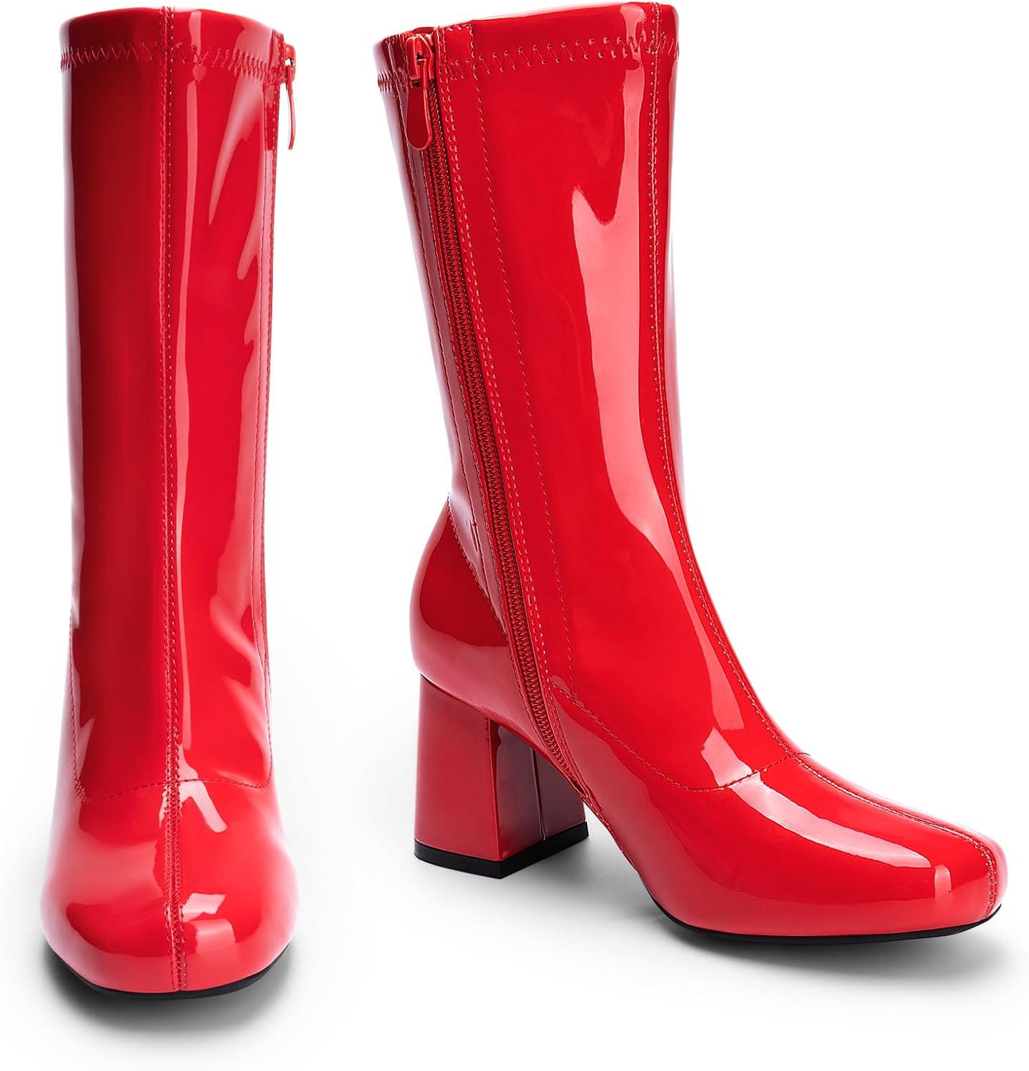 imageDREAM PAIRS Womens Mid Calf Gogo Boots Low Block Heel Square Toe Ankle Boot with Zipper for Party Cosplay DanceRed