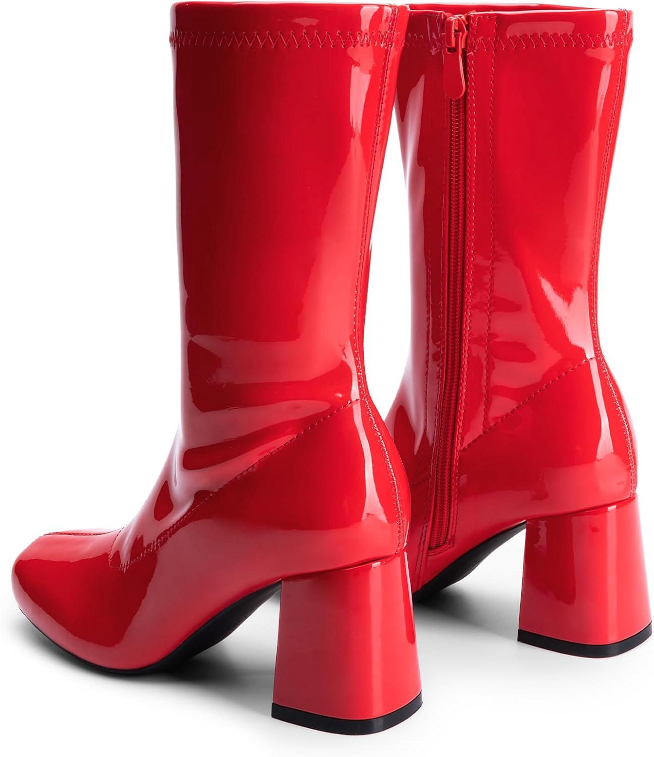imageDREAM PAIRS Womens Mid Calf Gogo Boots Low Block Heel Square Toe Ankle Boot with Zipper for Party Cosplay DanceRed