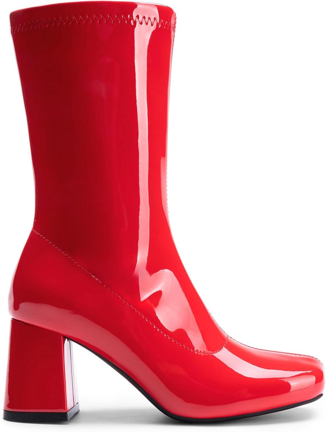 imageDREAM PAIRS Womens Mid Calf Gogo Boots Low Block Heel Square Toe Ankle Boot with Zipper for Party Cosplay DanceRed