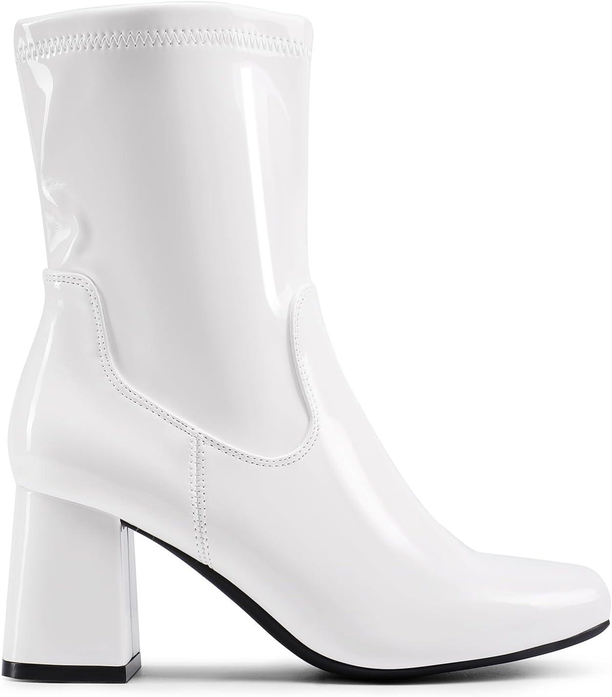 imageDREAM PAIRS Womens Mid Calf Gogo Boots Low Block Heel Square Toe Ankle Boot with Zipper for Party Cosplay DanceWhitepat