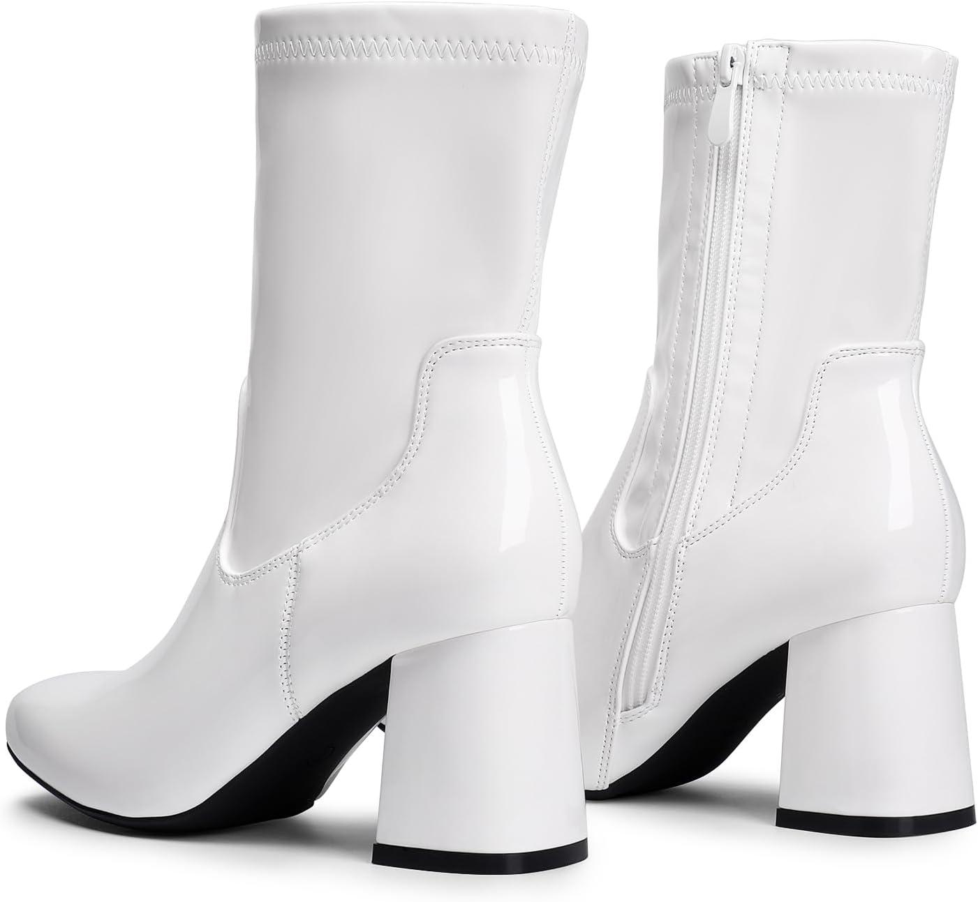 imageDREAM PAIRS Womens Mid Calf Gogo Boots Low Block Heel Square Toe Ankle Boot with Zipper for Party Cosplay DanceWhitepat