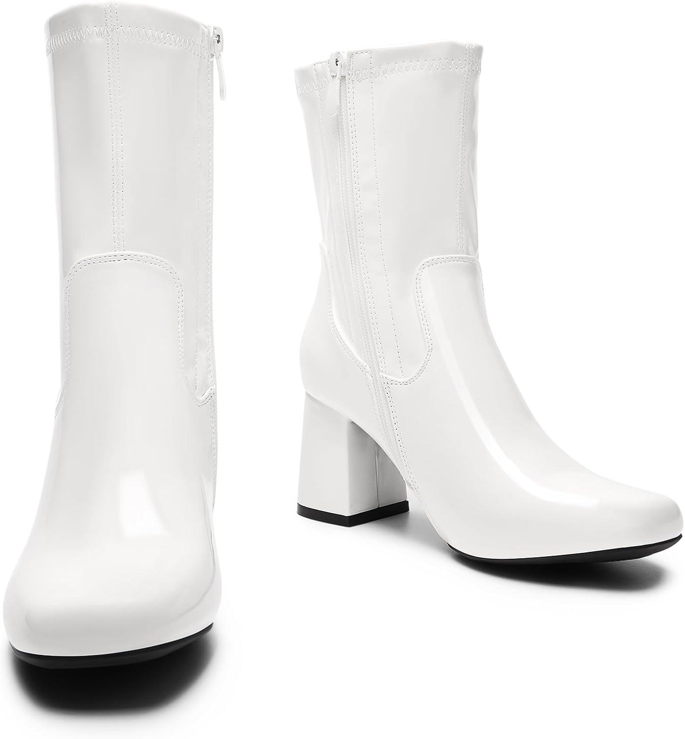 imageDREAM PAIRS Womens Mid Calf Gogo Boots Low Block Heel Square Toe Ankle Boot with Zipper for Party Cosplay DanceWhitepat