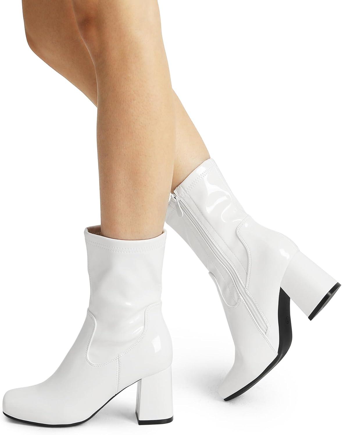 imageDREAM PAIRS Womens Mid Calf Gogo Boots Low Block Heel Square Toe Ankle Boot with Zipper for Party Cosplay DanceWhitepat
