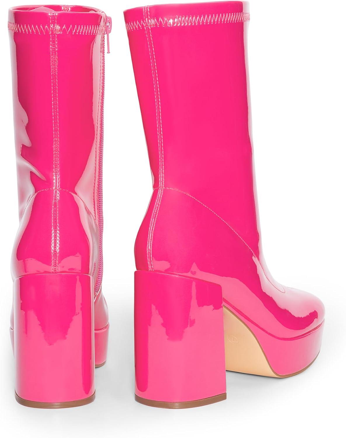 imageDREAM PAIRS Womens Mid Calf Gogo Boots Platform High Chunky Block Heel Square Toe Ankle BootsHot Pinkpat