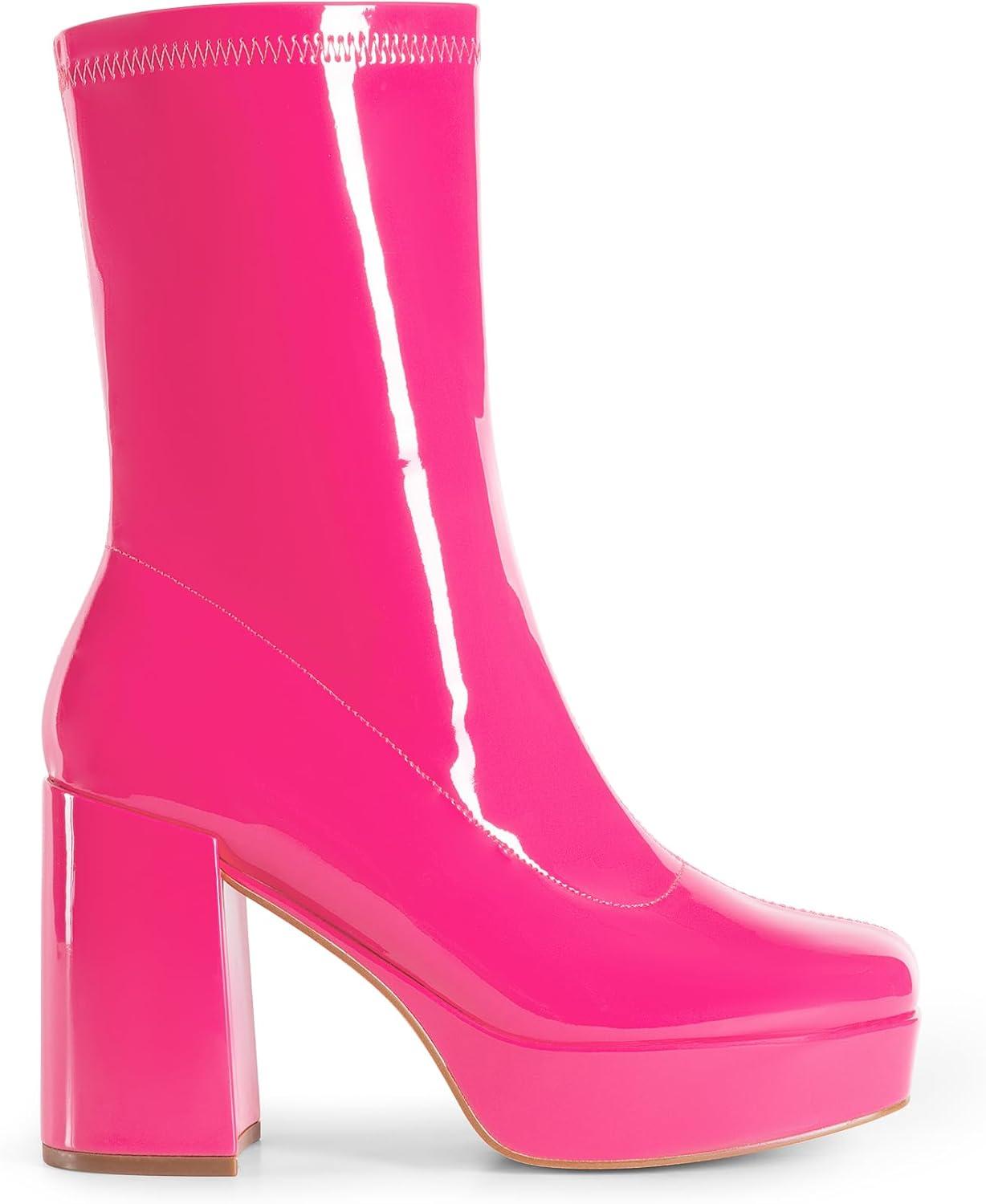 imageDREAM PAIRS Womens Mid Calf Gogo Boots Platform High Chunky Block Heel Square Toe Ankle BootsHot Pinkpat