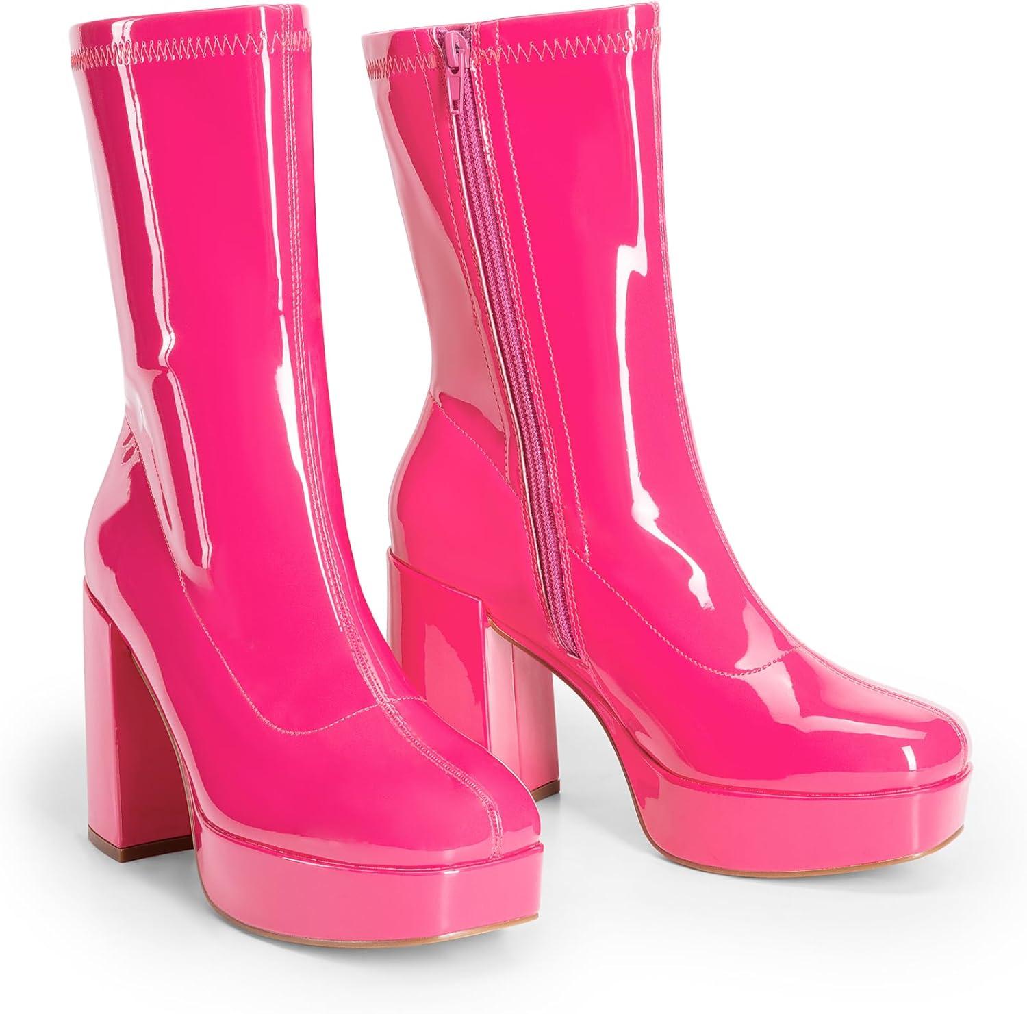 imageDREAM PAIRS Womens Mid Calf Gogo Boots Platform High Chunky Block Heel Square Toe Ankle BootsHot Pinkpat