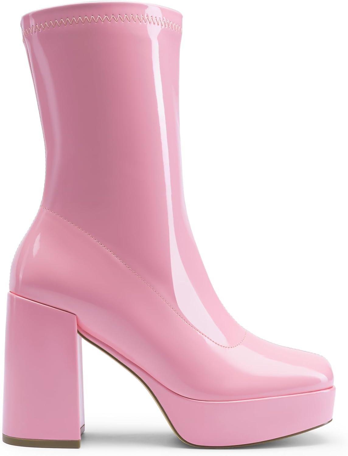 imageDREAM PAIRS Womens Mid Calf Gogo Boots Platform High Chunky Block Heel Square Toe Ankle BootsPink