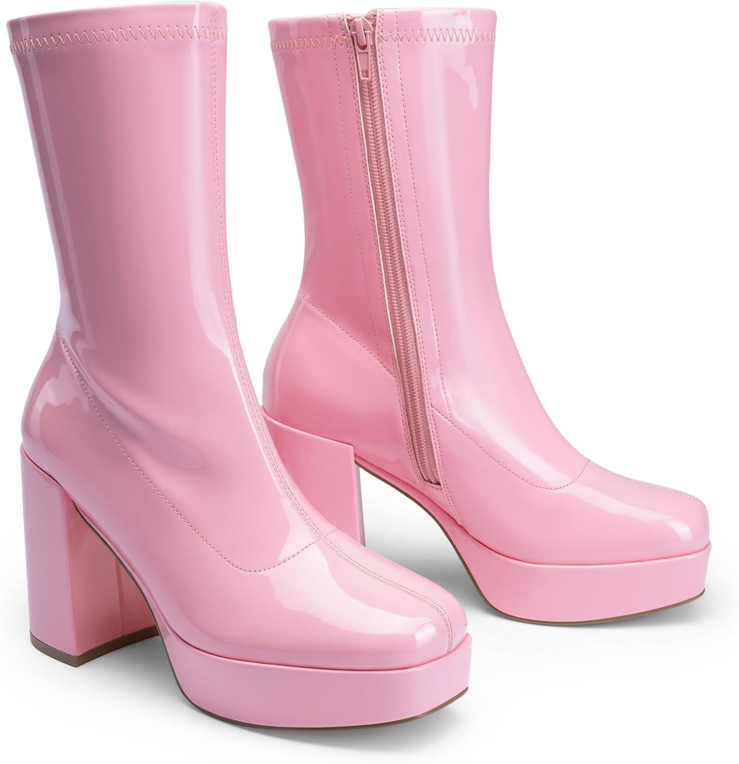 imageDREAM PAIRS Womens Mid Calf Gogo Boots Platform High Chunky Block Heel Square Toe Ankle BootsPink