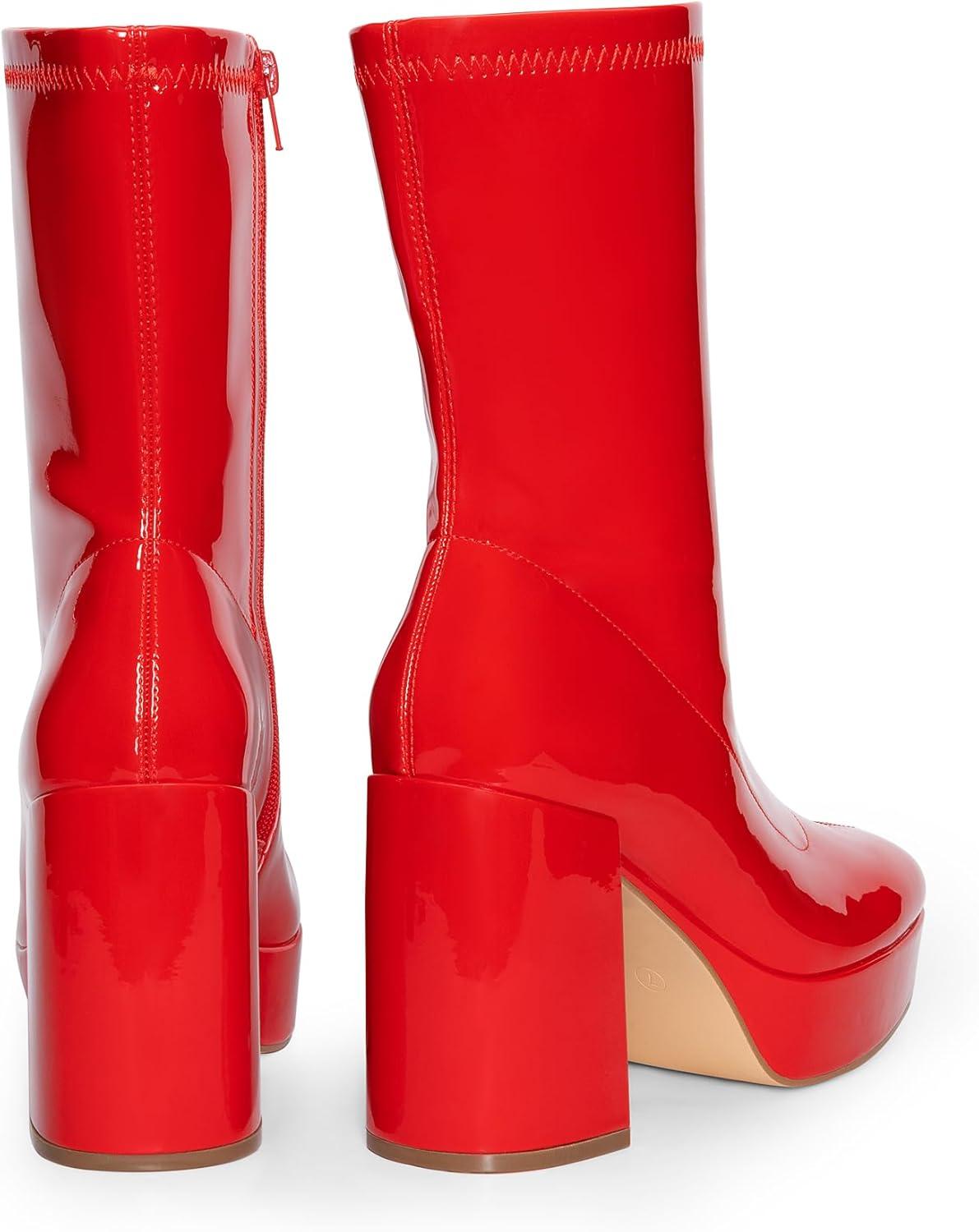 imageDREAM PAIRS Womens Mid Calf Gogo Boots Platform High Chunky Block Heel Square Toe Ankle BootsRedpat