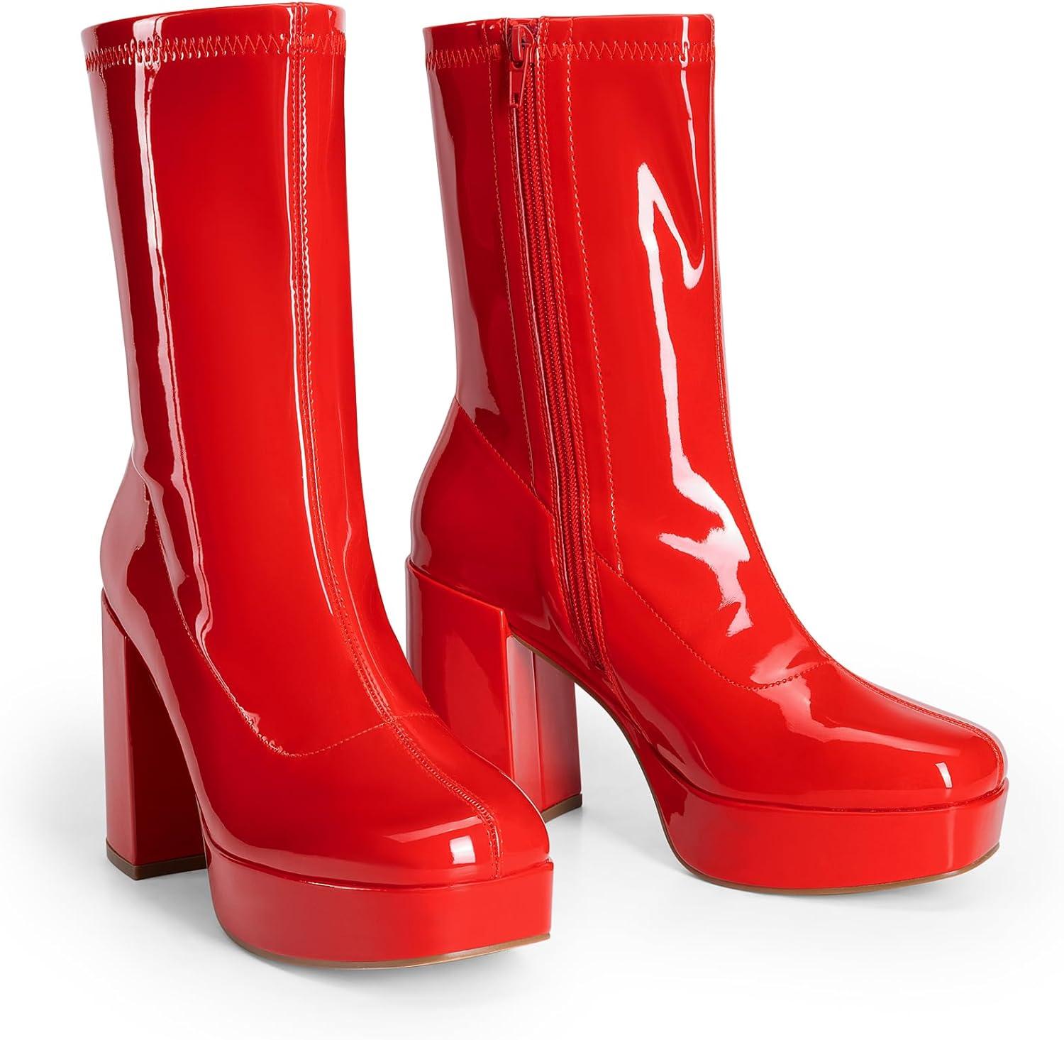 imageDREAM PAIRS Womens Mid Calf Gogo Boots Platform High Chunky Block Heel Square Toe Ankle BootsRedpat