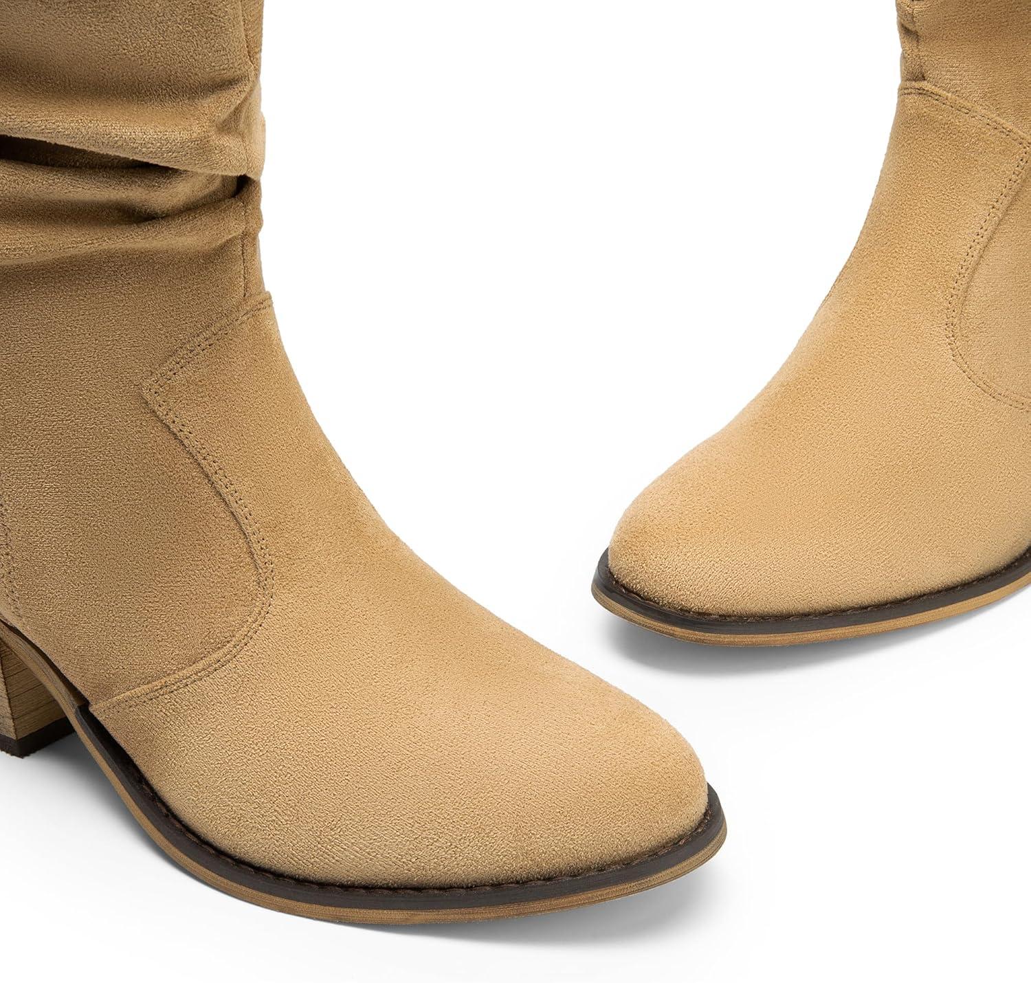 imageDREAM PAIRS Womens Modern Western Cowboy Boots Mid Calf Round toe Chunky Heel Cowgirl Country Ankle Boots with Pull On TabsKhakisuede