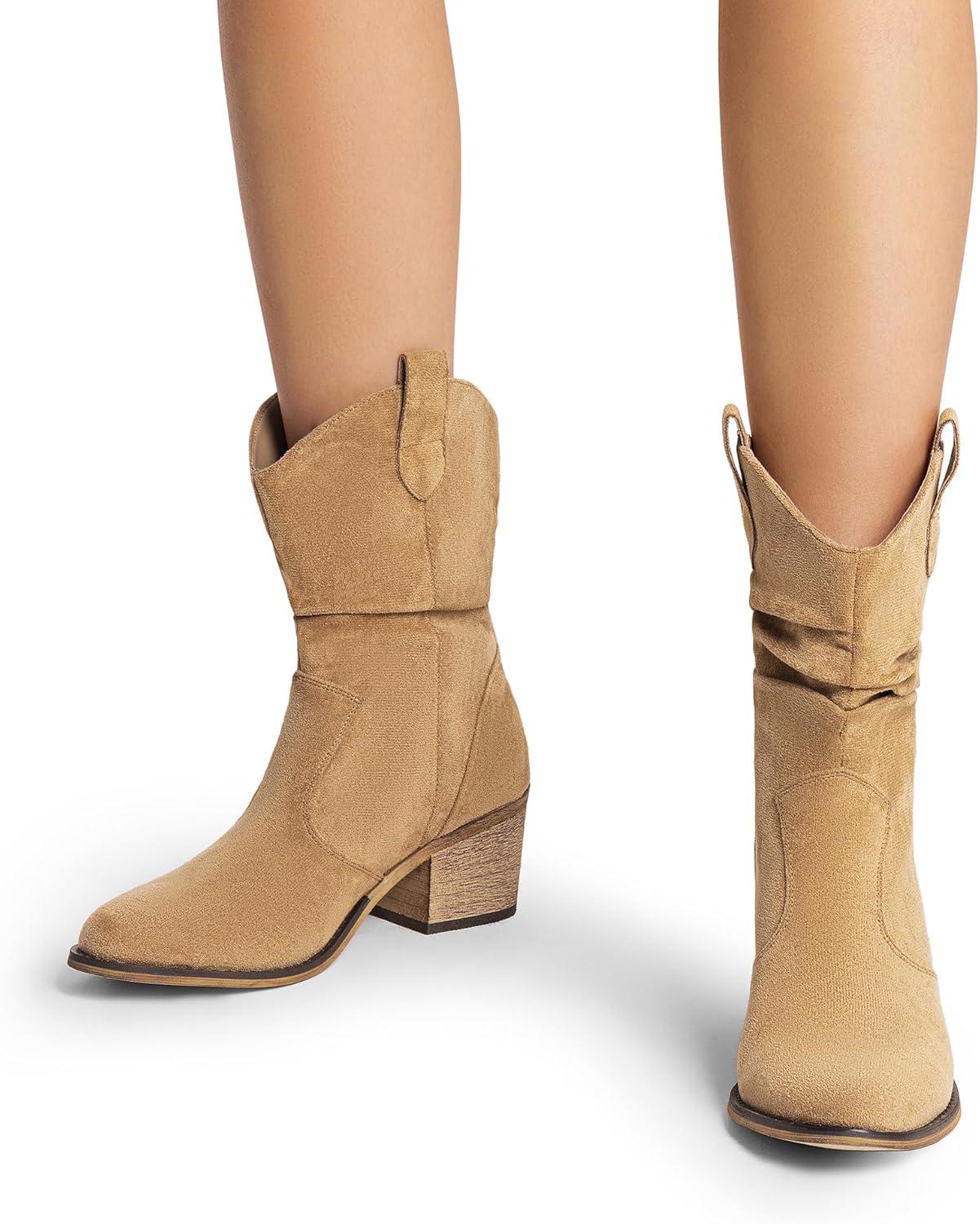 imageDREAM PAIRS Womens Modern Western Cowboy Boots Mid Calf Round toe Chunky Heel Cowgirl Country Ankle Boots with Pull On TabsKhakisuede