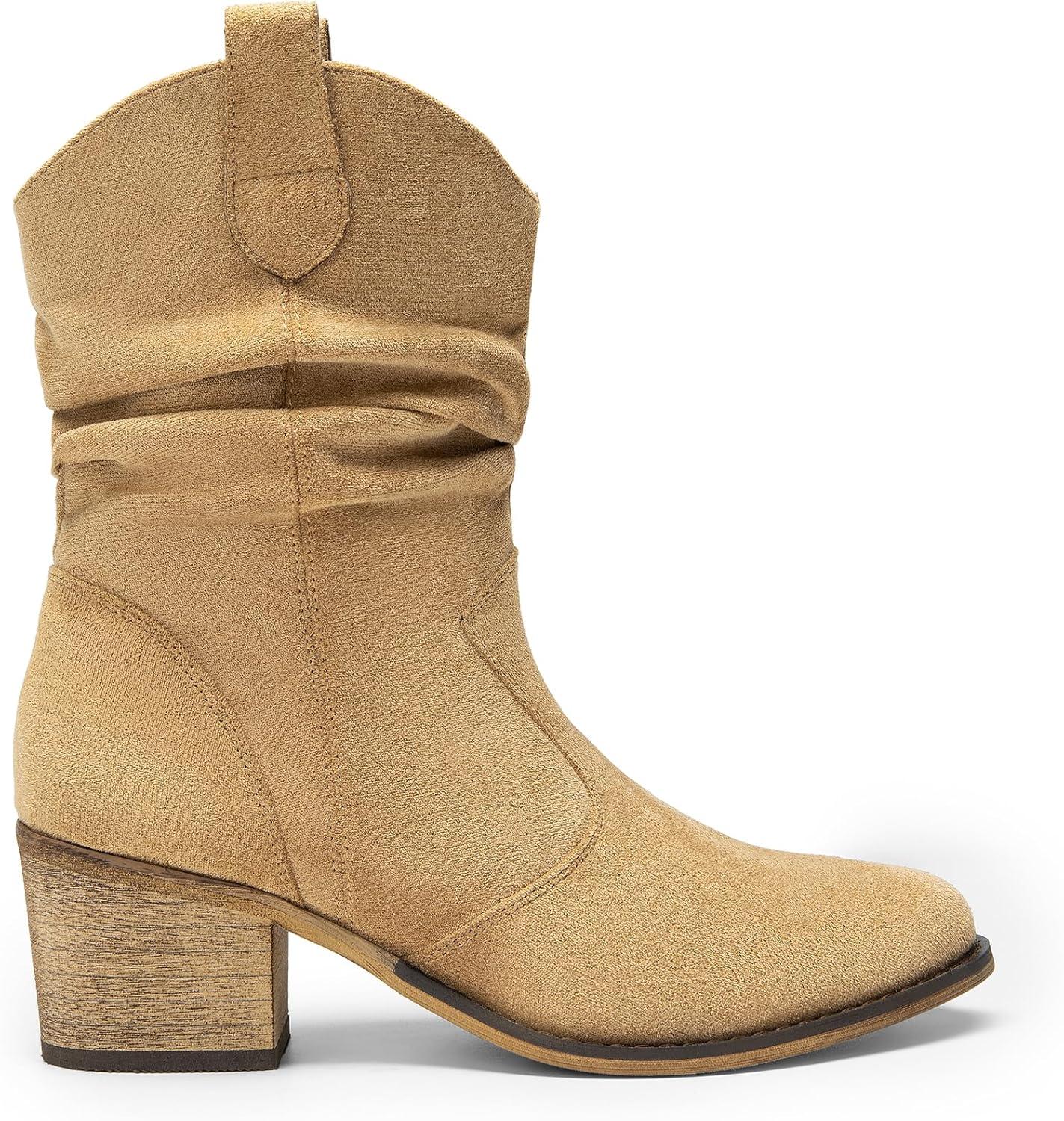 imageDREAM PAIRS Womens Modern Western Cowboy Boots Mid Calf Round toe Chunky Heel Cowgirl Country Ankle Boots with Pull On TabsKhakisuede