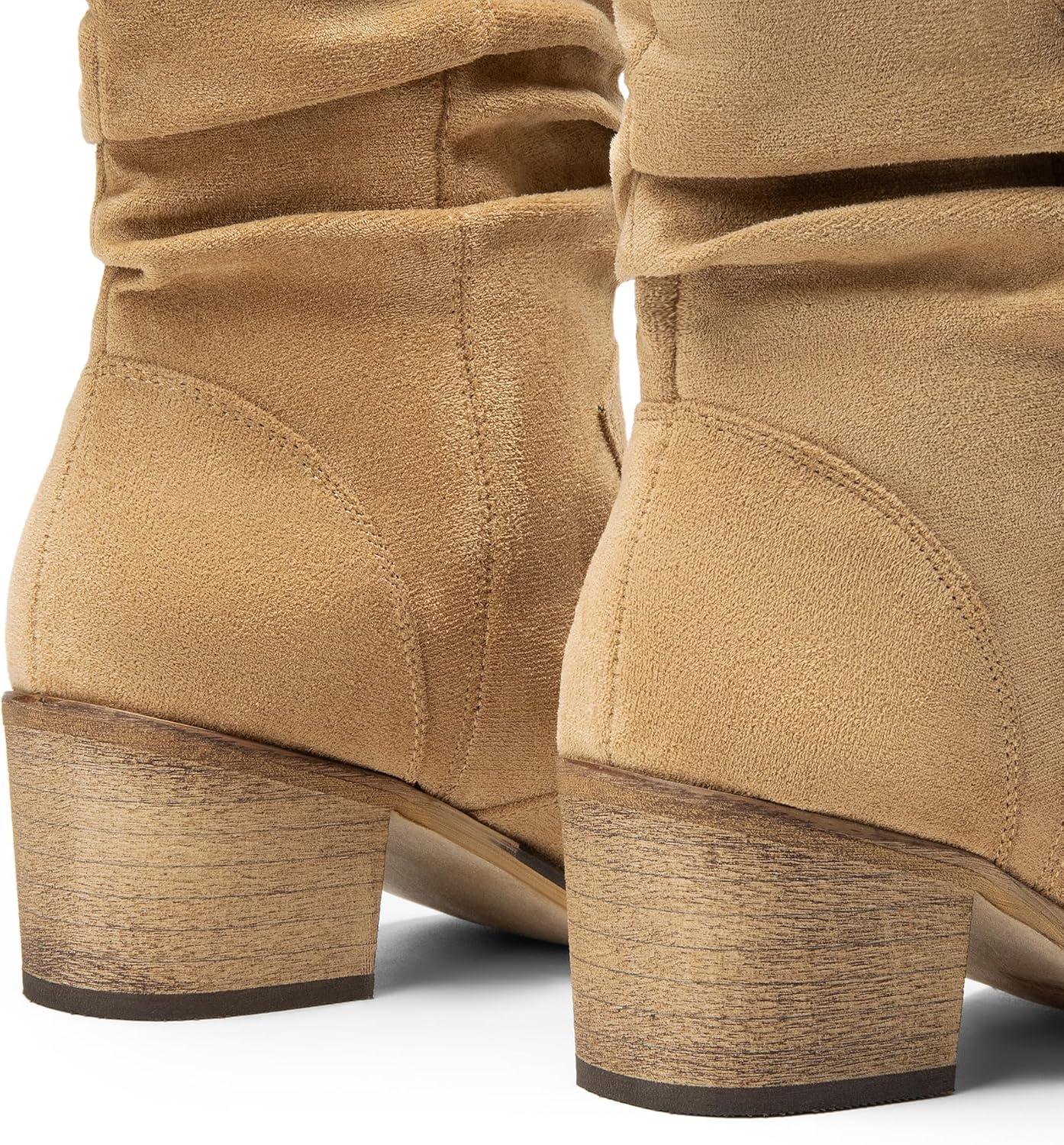 imageDREAM PAIRS Womens Modern Western Cowboy Boots Mid Calf Round toe Chunky Heel Cowgirl Country Ankle Boots with Pull On TabsKhakisuede