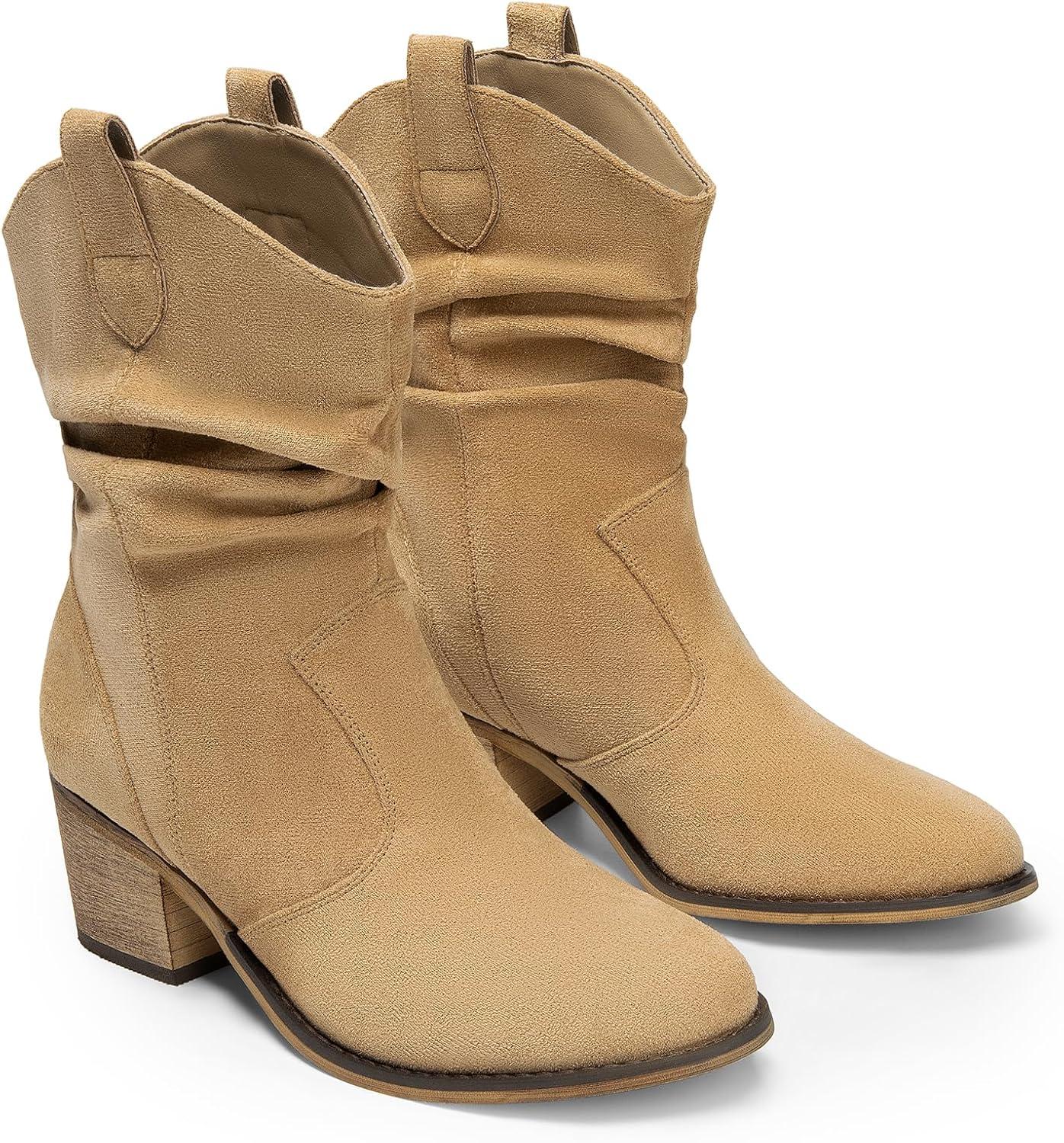 imageDREAM PAIRS Womens Modern Western Cowboy Boots Mid Calf Round toe Chunky Heel Cowgirl Country Ankle Boots with Pull On TabsKhakisuede