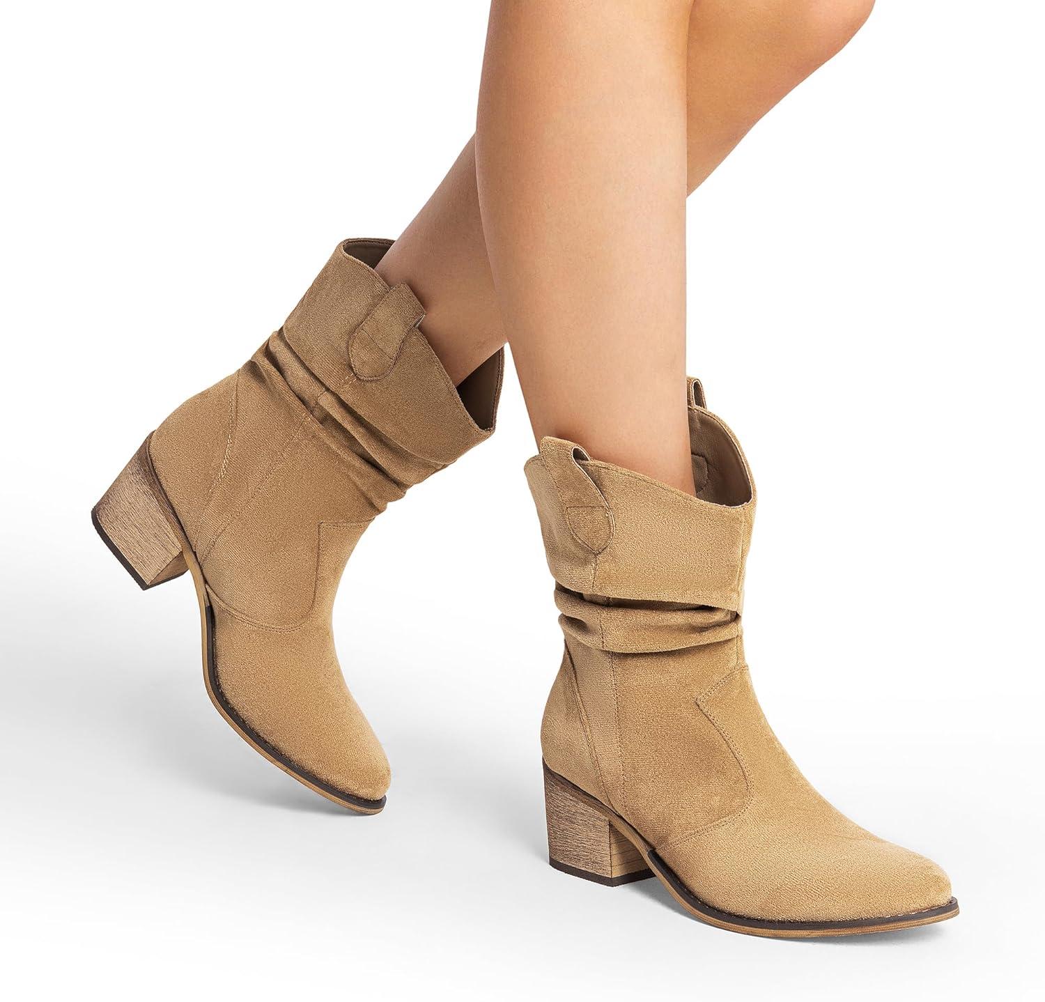 imageDREAM PAIRS Womens Modern Western Cowboy Boots Mid Calf Round toe Chunky Heel Cowgirl Country Ankle Boots with Pull On TabsKhakisuede