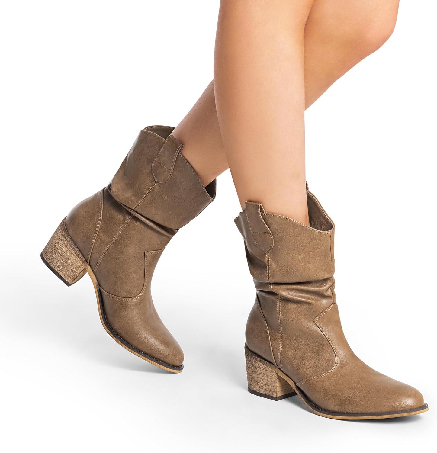 imageDREAM PAIRS Womens Modern Western Cowboy Boots Mid Calf Round toe Chunky Heel Cowgirl Country Ankle Boots with Pull On TabsMocha