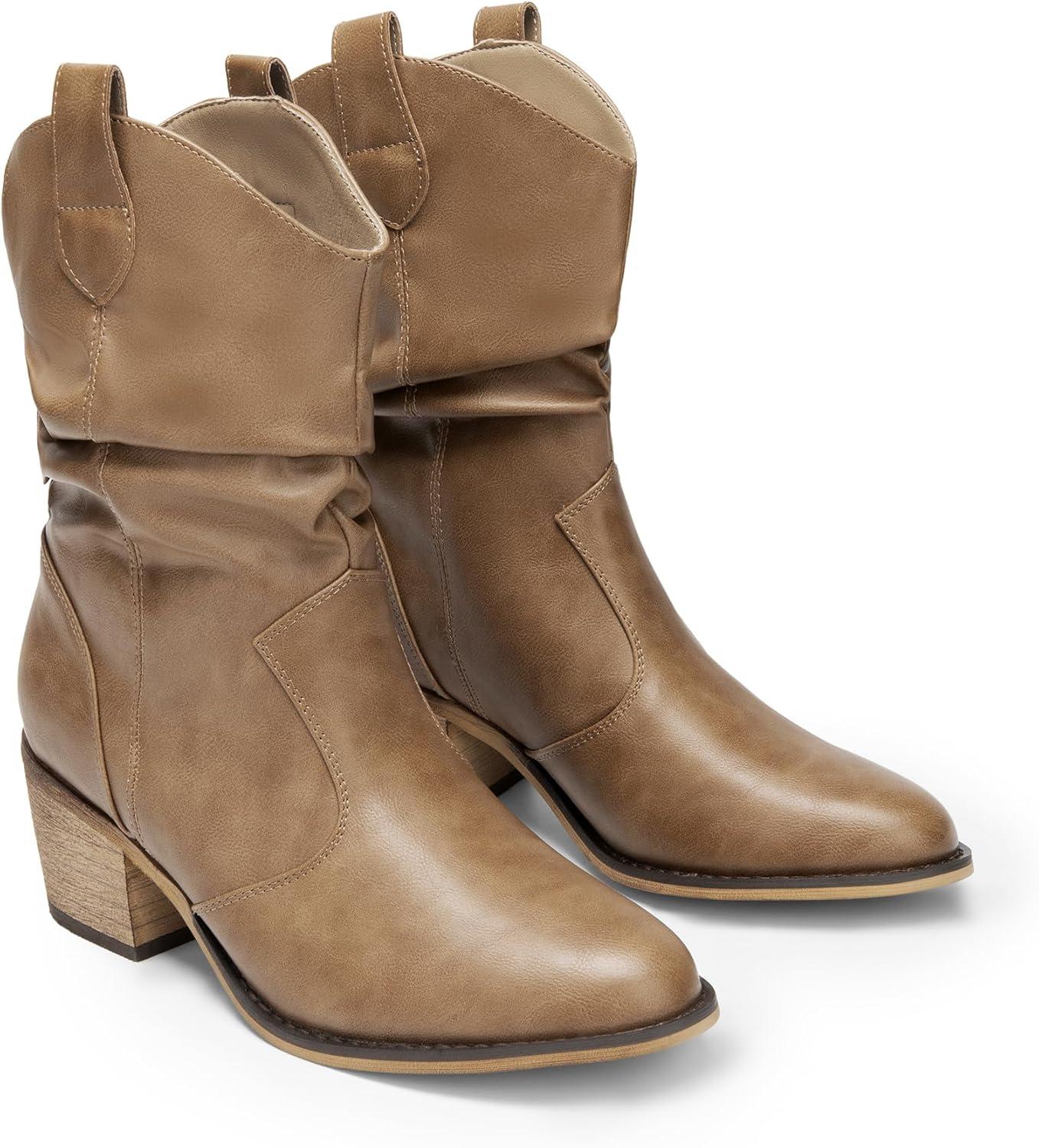 imageDREAM PAIRS Womens Modern Western Cowboy Boots Mid Calf Round toe Chunky Heel Cowgirl Country Ankle Boots with Pull On TabsMocha