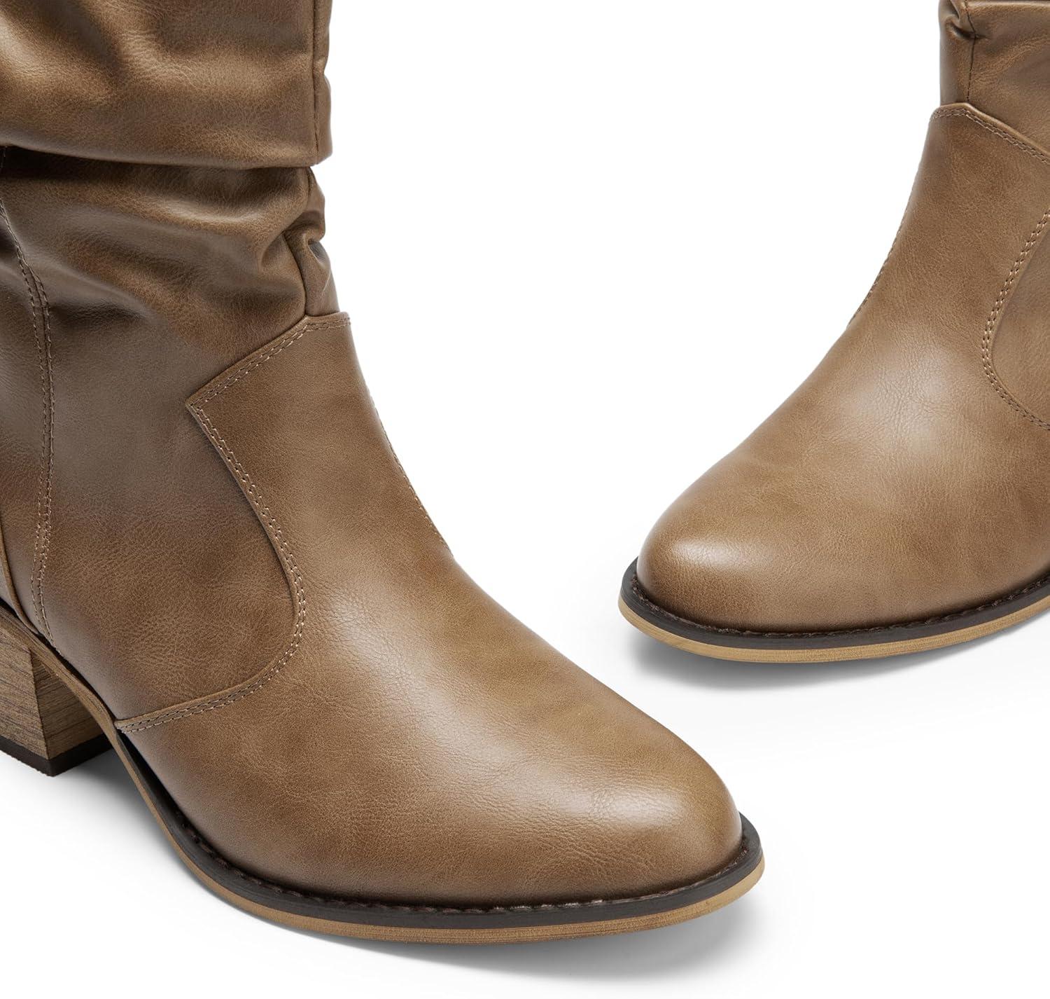 imageDREAM PAIRS Womens Modern Western Cowboy Boots Mid Calf Round toe Chunky Heel Cowgirl Country Ankle Boots with Pull On TabsMocha