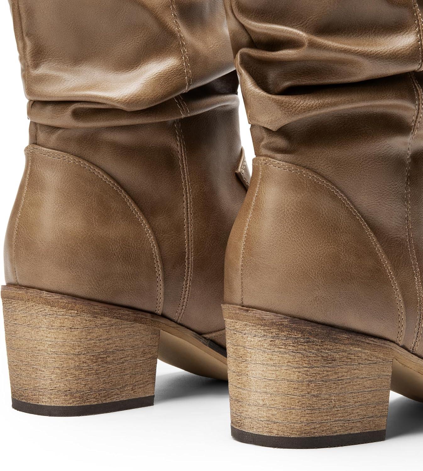 imageDREAM PAIRS Womens Modern Western Cowboy Boots Mid Calf Round toe Chunky Heel Cowgirl Country Ankle Boots with Pull On TabsMocha