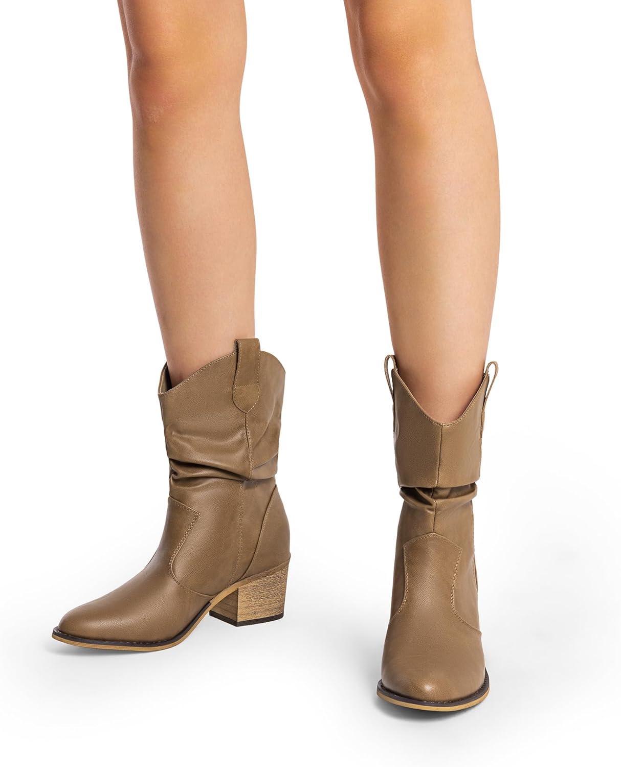 imageDREAM PAIRS Womens Modern Western Cowboy Boots Mid Calf Round toe Chunky Heel Cowgirl Country Ankle Boots with Pull On TabsMocha