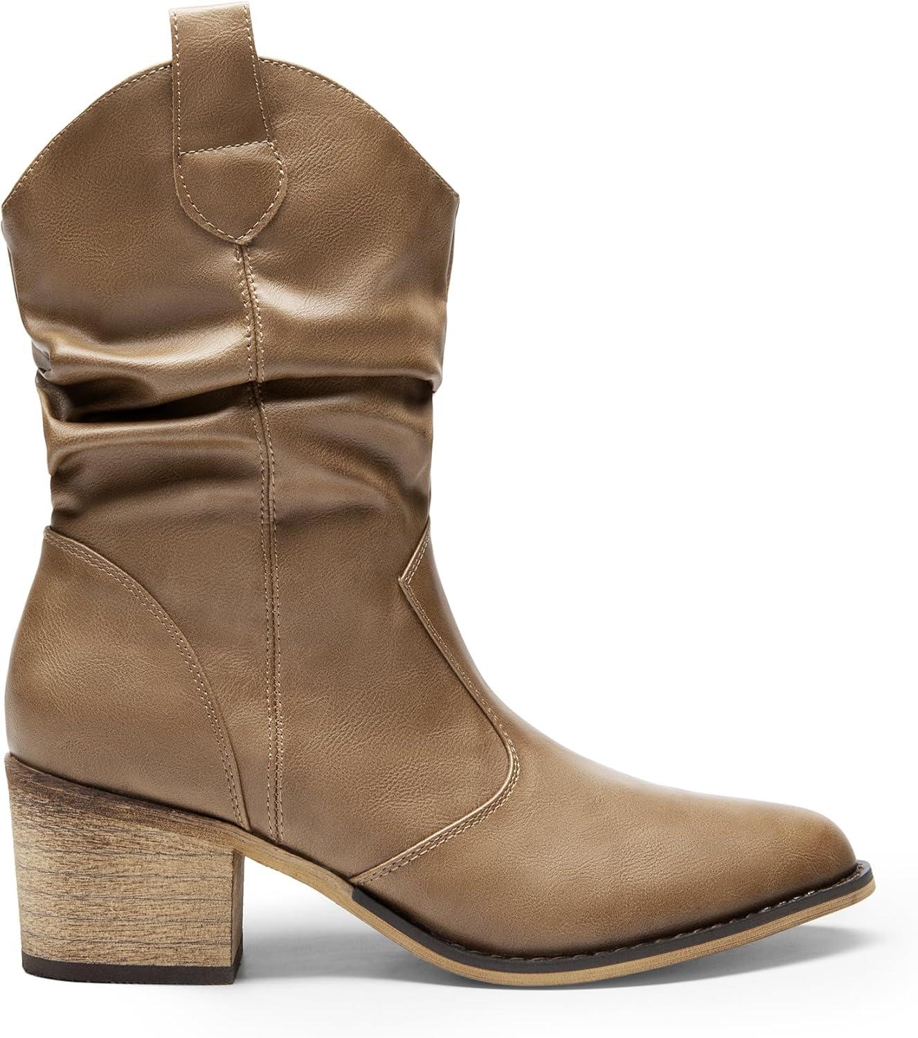 imageDREAM PAIRS Womens Modern Western Cowboy Boots Mid Calf Round toe Chunky Heel Cowgirl Country Ankle Boots with Pull On TabsMocha