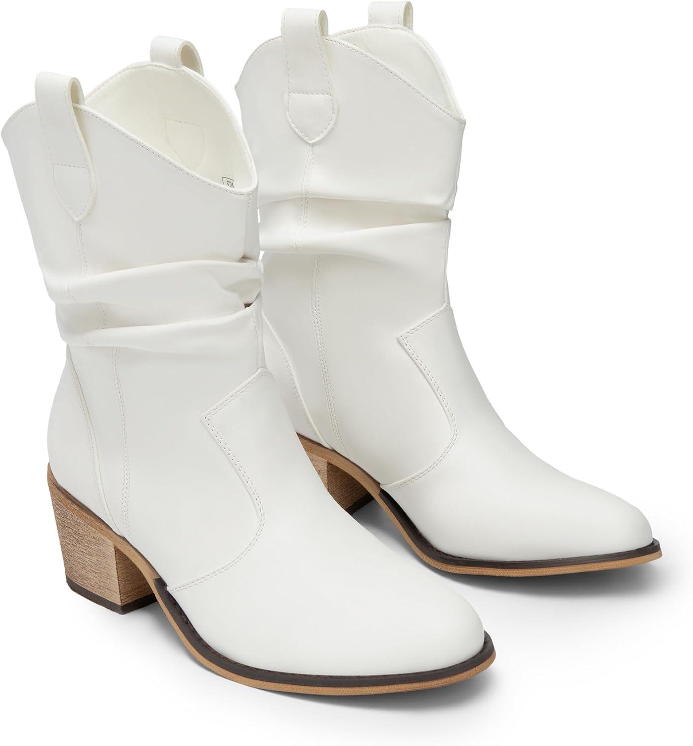 imageDREAM PAIRS Womens Modern Western Cowboy Boots Mid Calf Round toe Chunky Heel Cowgirl Country Ankle Boots with Pull On TabsWhite