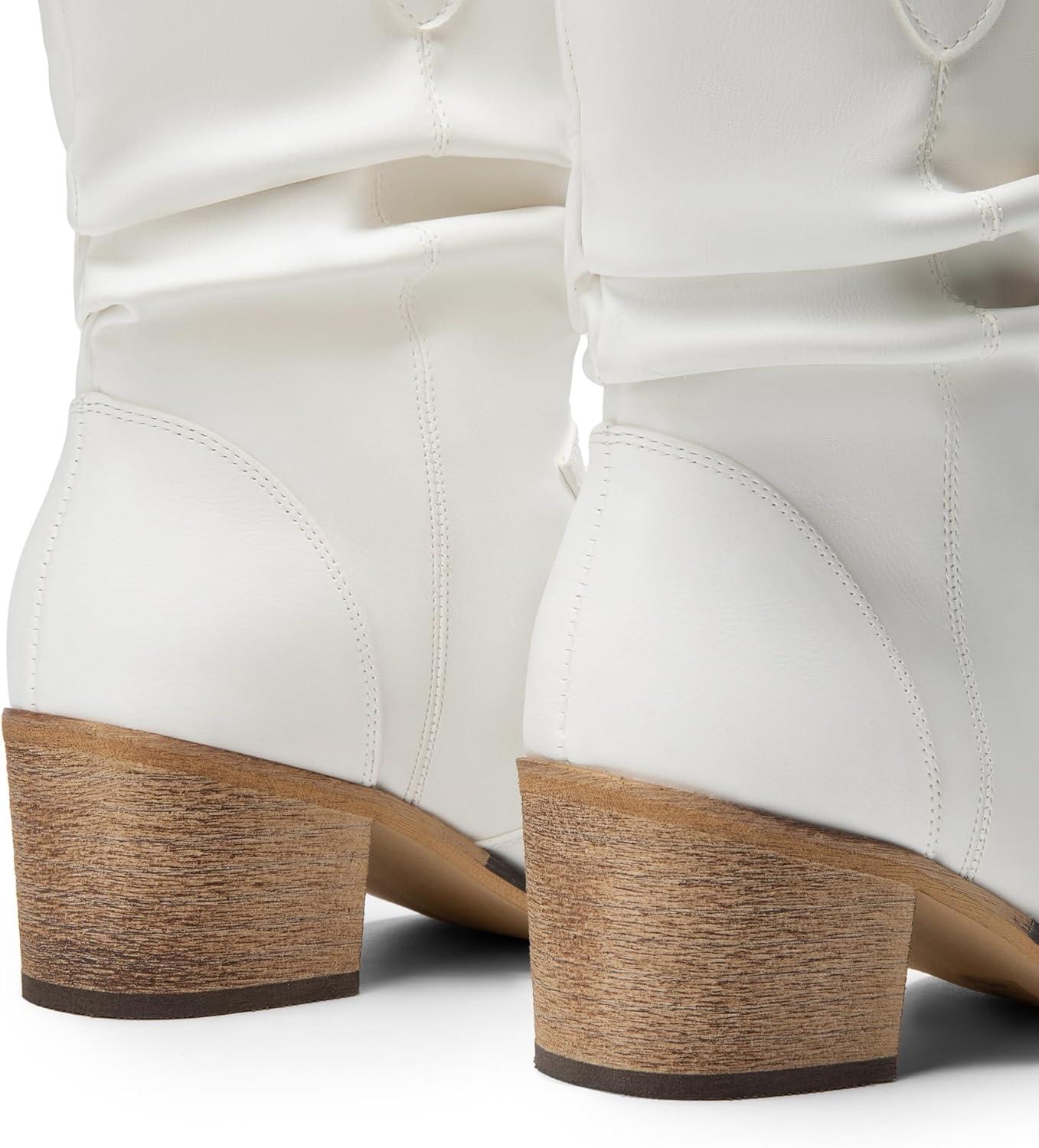 imageDREAM PAIRS Womens Modern Western Cowboy Boots Mid Calf Round toe Chunky Heel Cowgirl Country Ankle Boots with Pull On TabsWhite