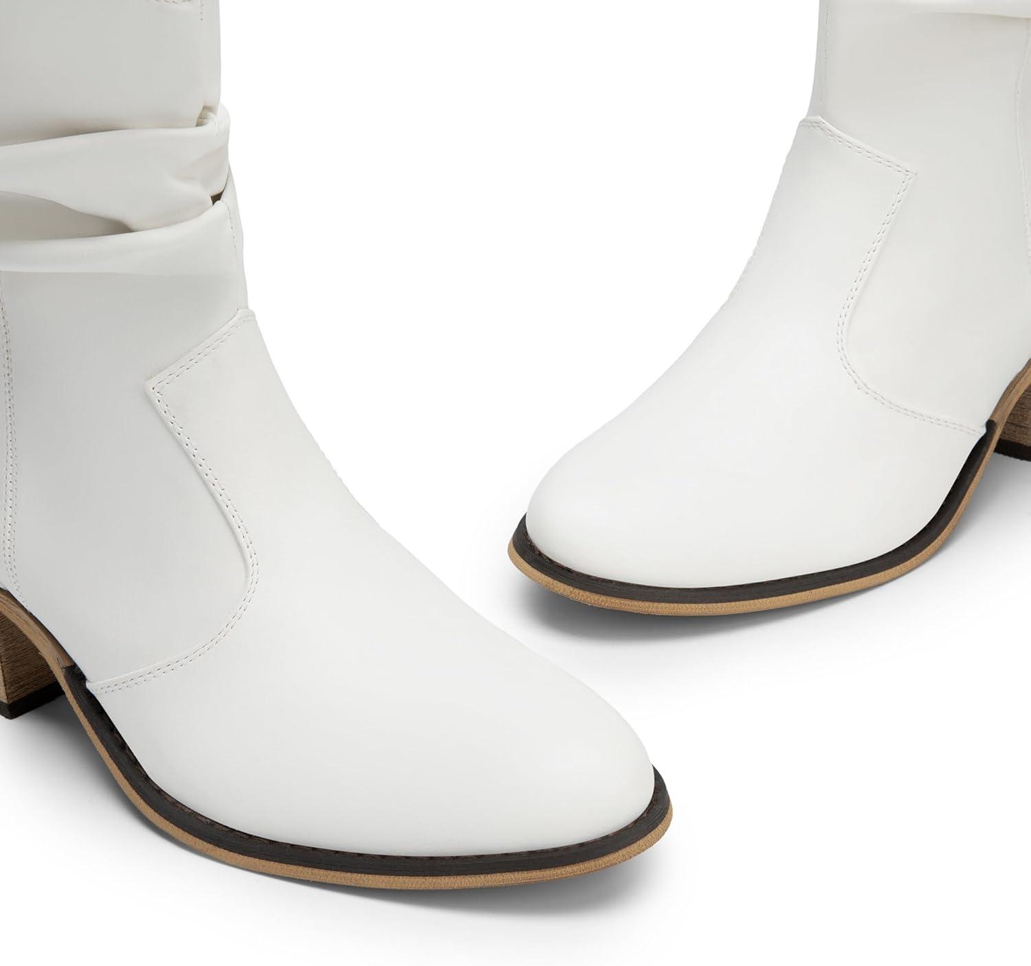 imageDREAM PAIRS Womens Modern Western Cowboy Boots Mid Calf Round toe Chunky Heel Cowgirl Country Ankle Boots with Pull On TabsWhite