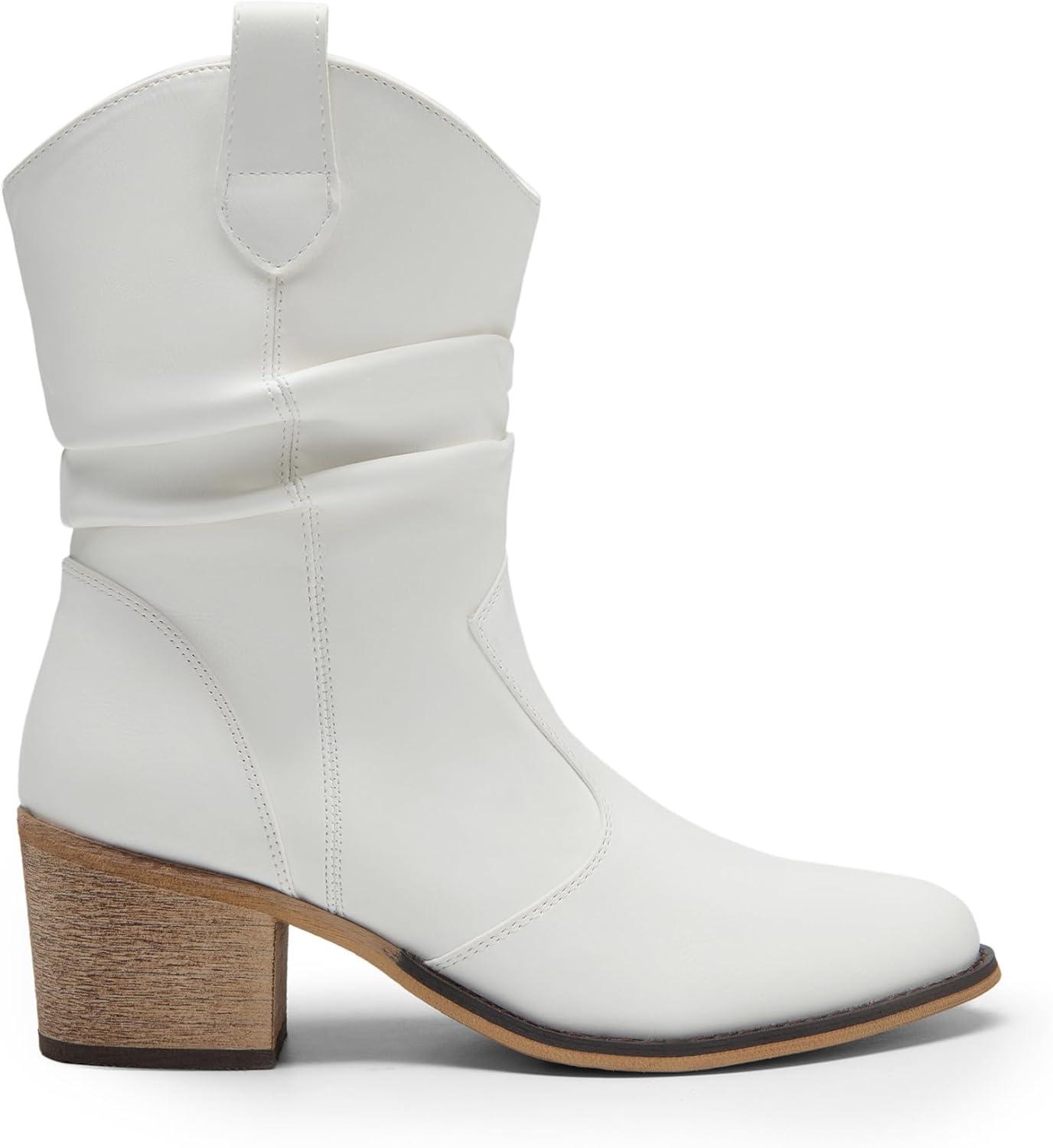 imageDREAM PAIRS Womens Modern Western Cowboy Boots Mid Calf Round toe Chunky Heel Cowgirl Country Ankle Boots with Pull On TabsWhite