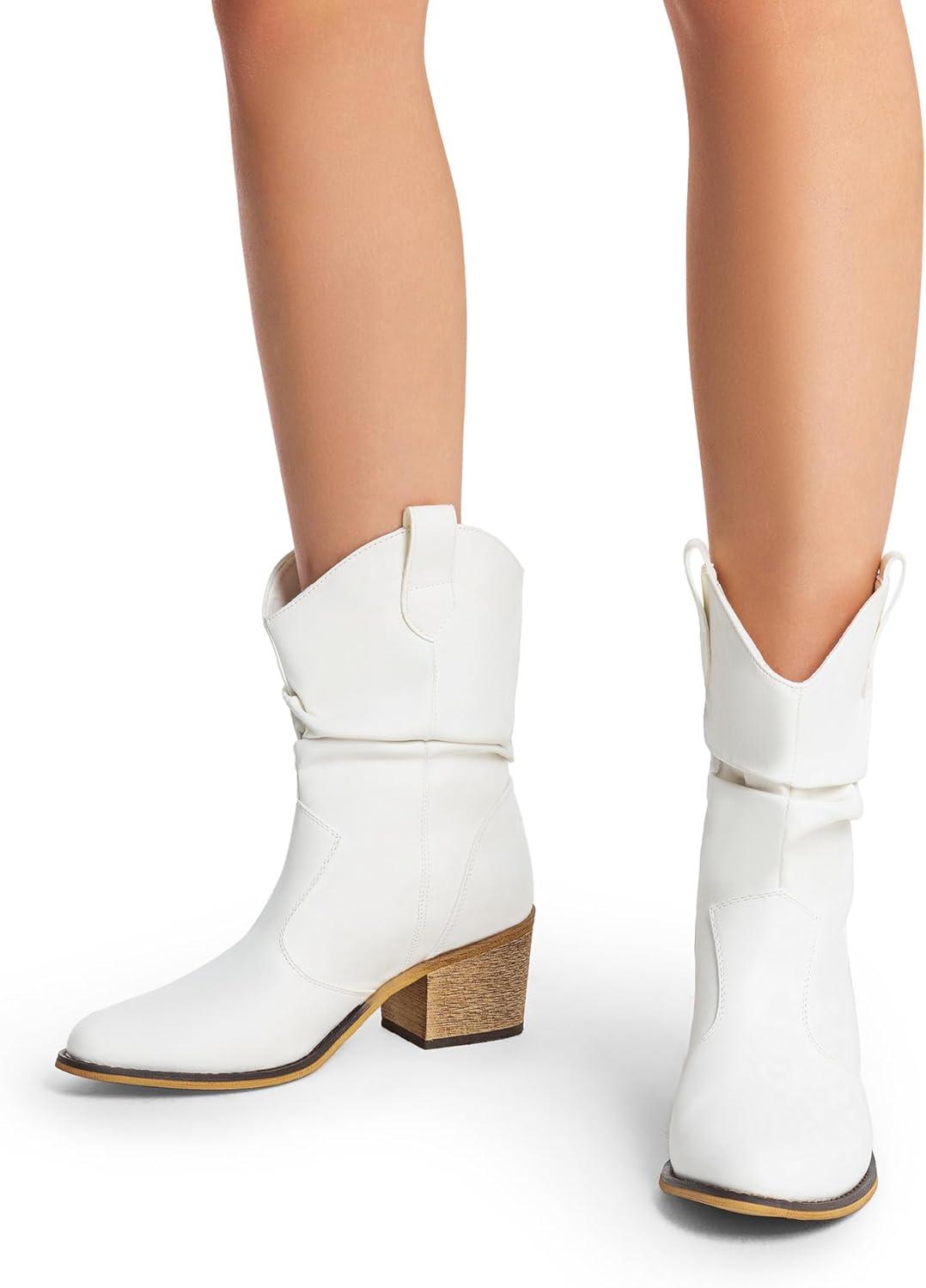 imageDREAM PAIRS Womens Modern Western Cowboy Boots Mid Calf Round toe Chunky Heel Cowgirl Country Ankle Boots with Pull On TabsWhite