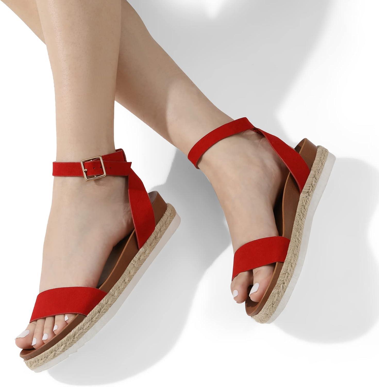 imageDREAM PAIRS Womens Open Toe Platform Espadrille Wedge Sandals Comfortable One Band Dressy Casual Sandals for WomenRedSuede