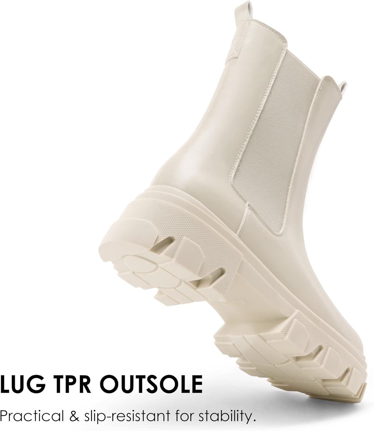 imageDREAM PAIRS Womens Platform Chelsea Boots Lug Sole Combat Mid Calf Slip On Chunky Ankle BootiesBeigeWhitePu