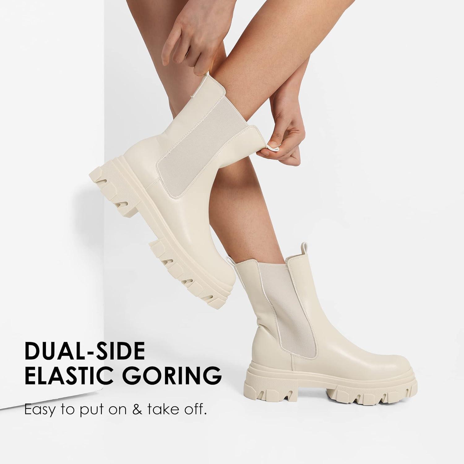 imageDREAM PAIRS Womens Platform Chelsea Boots Lug Sole Combat Mid Calf Slip On Chunky Ankle BootiesBeigeWhitePu