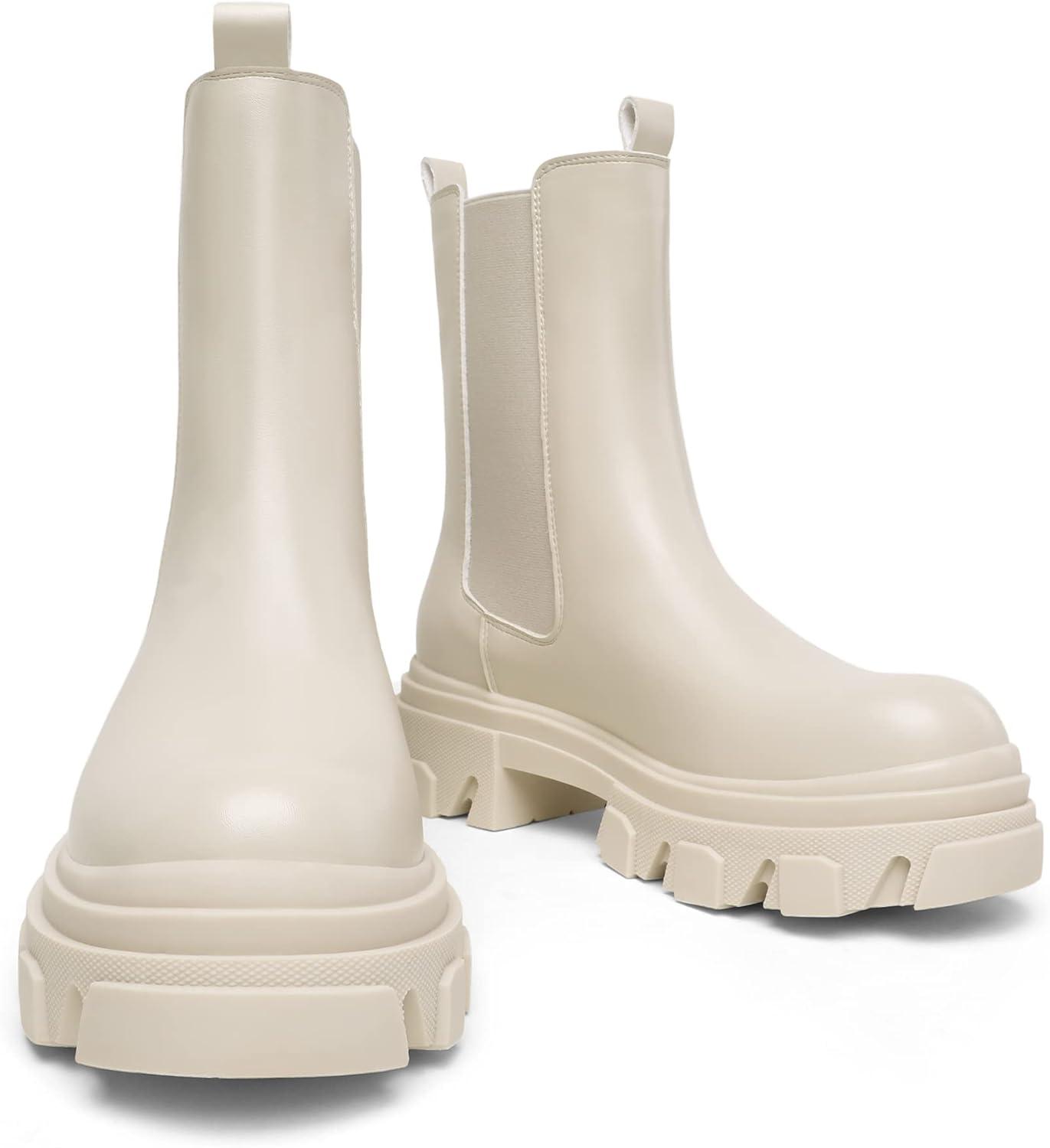 imageDREAM PAIRS Womens Platform Chelsea Boots Lug Sole Combat Mid Calf Slip On Chunky Ankle BootiesBeigeWhitePu