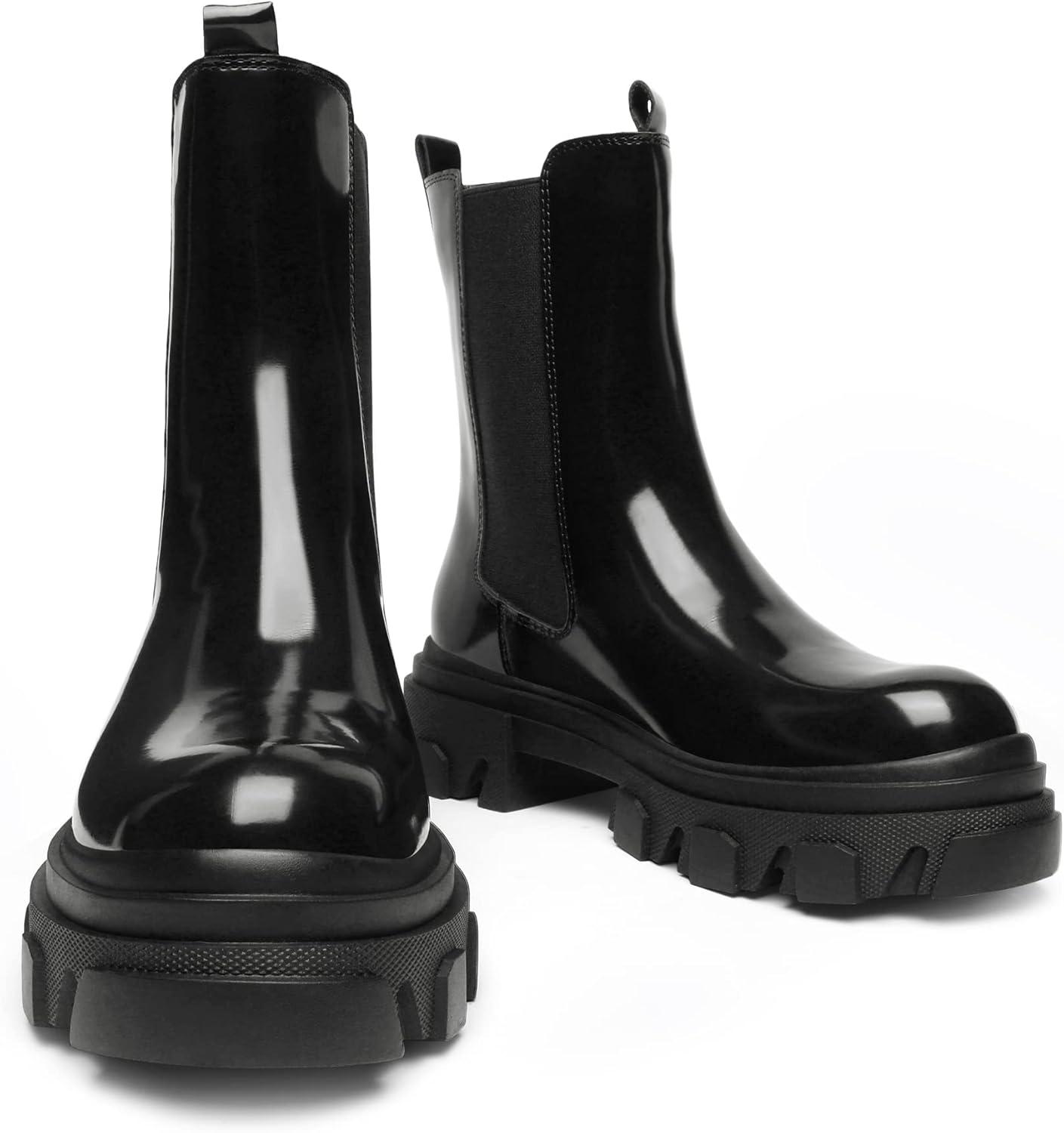 imageDREAM PAIRS Womens Platform Chelsea Boots Lug Sole Combat Mid Calf Slip On Chunky Ankle BootiesBlack