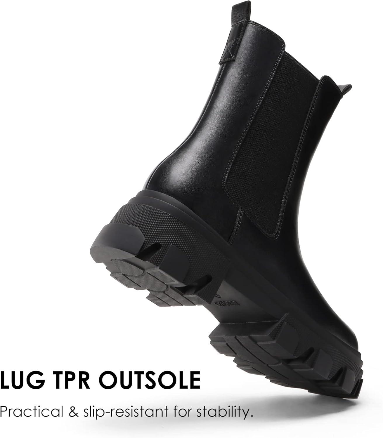 imageDREAM PAIRS Womens Platform Chelsea Boots Lug Sole Combat Mid Calf Slip On Chunky Ankle BootiesBlackPu