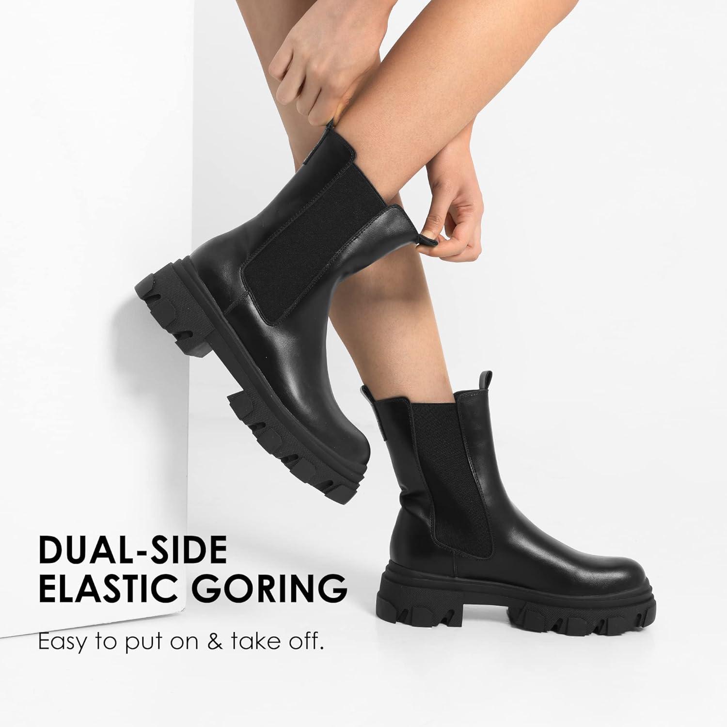 imageDREAM PAIRS Womens Platform Chelsea Boots Lug Sole Combat Mid Calf Slip On Chunky Ankle BootiesBlackPu